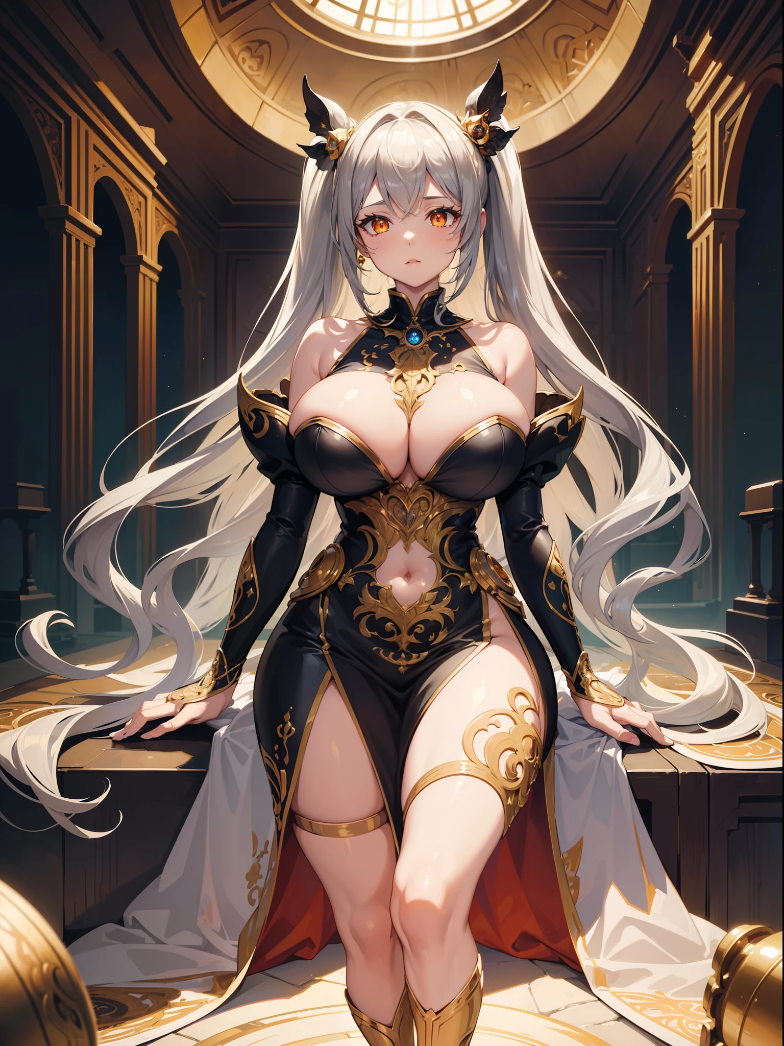 ((masterpiece)), ((best quality)), absurdres, beautiful detailed, finely detailed, intricate details, 1girl, citrine, twintails, grey hair, very long hair, collar, bodysuit, orange eyes, (glowing eyes), energy glowing, glowing trim clothes, sitting, huge breasts, wide hips, thick thighs, hands on hips, spacecraft interior, science fiction,