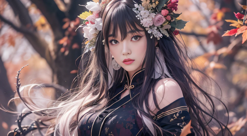 32K autumn view(tmasterpiece,k hd,hyper HD,32K)Long flowing black hair,ponds,zydink, a color, Autumn (Sensual girl), (Blue and white silk scarf), Combat posture, looking at the ground, long whitr hair, Floating hair, Carp pattern headdress, Chinese long-sleeved cheongsam, (Abstract gouache splash:1.2), Pink petal background,Pink and white autumn sunset leaves fly(realisticlying:1.4),Black color hair,Fallen leaves flutter,The background is pure, A high resolution, the detail, RAW photogr, Sharp Re, Nikon D850 Film Stock Photo by Jefferies Lee 4 Kodak Portra 400 Camera F1.6 shots, Rich colors, ultra-realistic vivid textures, Dramatic lighting, Unreal Engine Art Station Trend, cinestir 800,Long flowing black hair,Bright clothes
