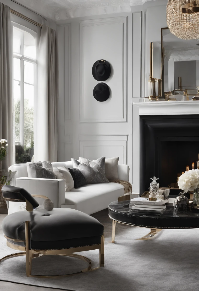 white colors，greys，black in color，Beautiful living room，Fashionab，Simple，metals