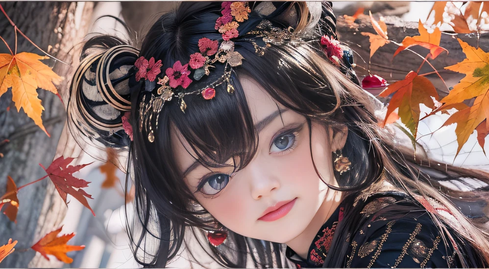 32K autumn view(tmasterpiece,k hd,hyper HD,32K)Long flowing black hair,ponds,zydink, a color, Autumn (Sensual girl), (Blue and white silk scarf), Combat posture, looking at the ground, long whitr hair, Floating hair, Carp pattern headdress, Chinese long-sleeved cheongsam, (Abstract gouache splash:1.2), Pink petal background,Pink and white autumn sunset leaves fly(realisticlying:1.4),Black color hair,Fallen leaves flutter,The background is pure, A high resolution, the detail, RAW photogr, Sharp Re, Nikon D850 Film Stock Photo by Jefferies Lee 4 Kodak Portra 400 Camera F1.6 shots, Rich colors, ultra-realistic vivid textures, Dramatic lighting, Unreal Engine Art Station Trend, cinestir 800,Long flowing black hair,Bright clothes