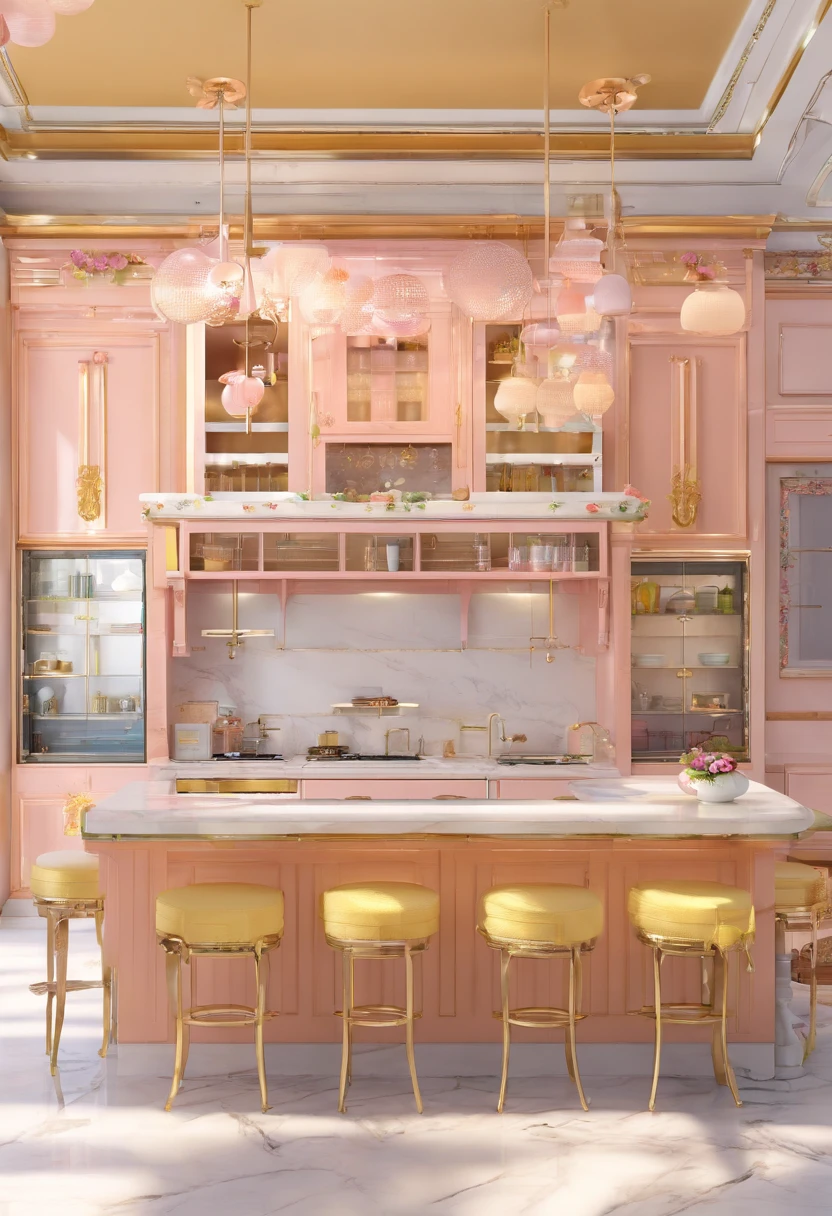 Masterpiece, Modern kitchen space, Luxurious, Noble interior design, Royal Space, ((Super detail :1.3))), Neoclassical style design, Neoclassical interior Modern fusion, Kitchen interior space with table and chairs, Kitchen details, Luxurious aristocratic neoclassical kitchen interior, Luxury marble kitchen floor, Kitchen interior, In the kitchen on a summer morning, Island, illustrated starbucks interior, White, Gray glossy floor ((1.2)), People sitting in cafes and service staff (((1.3)))