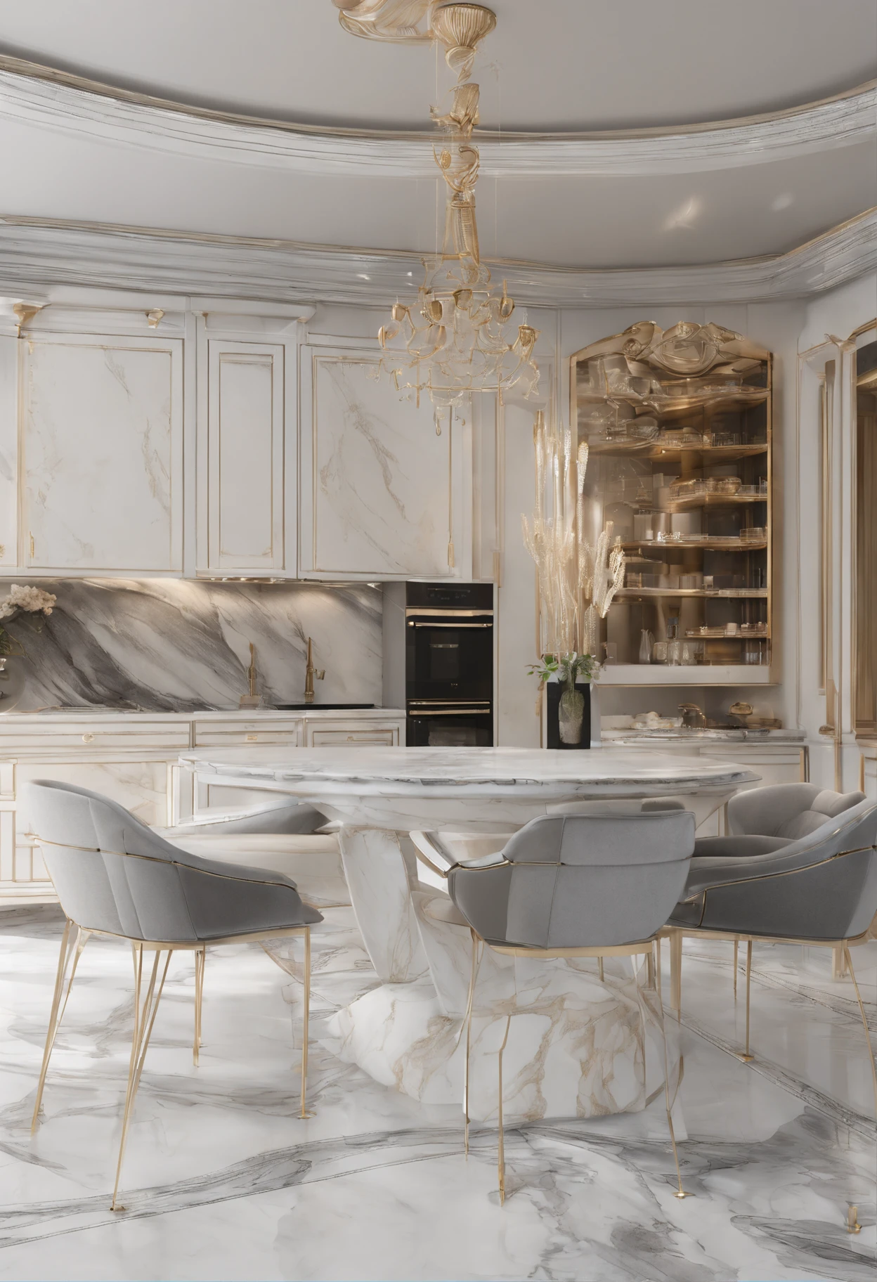 Masterpiece, Modern kitchen space, Luxurious, Noble interior design, Royal Space, ((Super detail :1.3))), Neoclassical style design, Neoclassical interior Modern fusion, Kitchen interior space with table and chairs, Kitchen details, Luxurious aristocratic neoclassical kitchen interior, Luxury marble kitchen floor, Kitchen interior, In the kitchen on a summer morning, Island, illustrated starbucks interior, White, Gray glossy floor ((1.2)), People sitting in cafes and service staff (((1.3)))