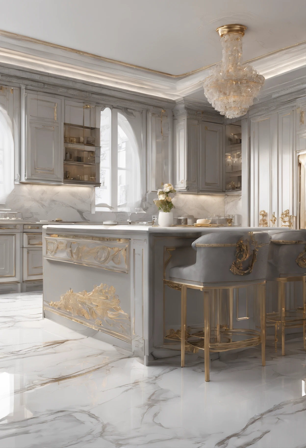 Masterpiece, Modern kitchen space, Luxurious, Noble interior design, Royal Space, ((Super detail :1.3))), Neoclassical style design, Neoclassical interior Modern fusion, Kitchen interior space with table and chairs, Kitchen details, Luxurious aristocratic neoclassical kitchen interior, Luxury marble kitchen floor, Kitchen interior, In the kitchen on a summer morning, Island, illustrated starbucks interior, White, Gray glossy floor ((1.2)), People sitting in cafes and service staff (((1.3)))