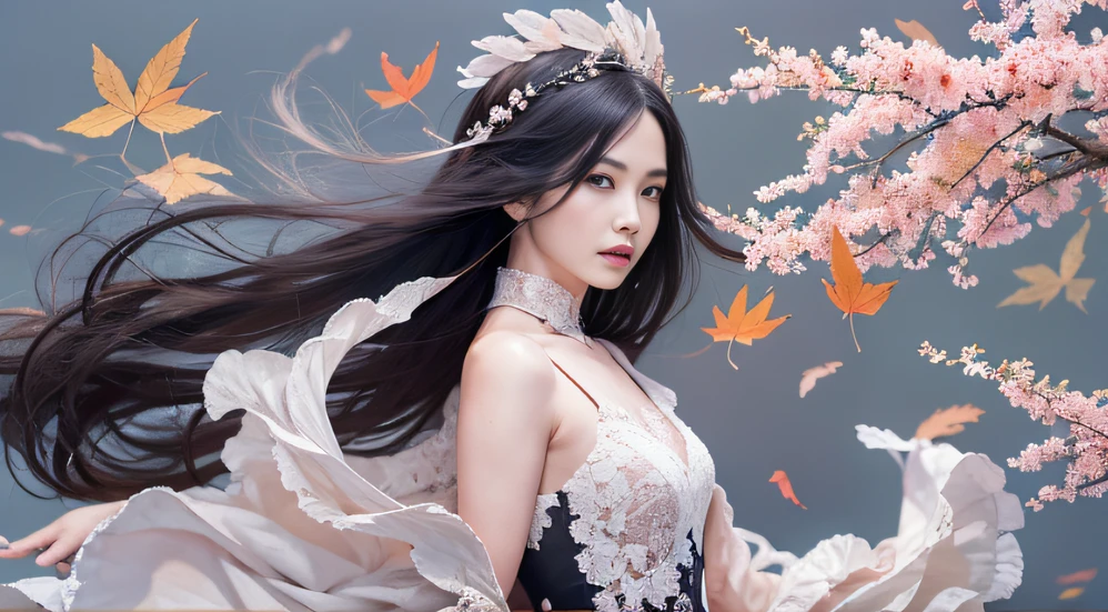 32K autumn view（tmasterpiece，k hd，hyper HD，32K）Long flowing black hair，ponds，zydink， a color， Autumn （Sensual girl）， （Blue and white silk scarf）， Combat posture， looking at the ground， long whitr hair， Floating hair， Carp pattern headdress， Chinese long-sleeved cheongsam， （Abstract gouache splash：1.2）， Pink petal background，Pink and white autumn sunset leaves fly（realisticlying：1.4），Black color hair，Fallen leaves flutter，The background is pure， A high resolution， the detail， RAW photogr， Sharp Re， Nikon D850 Film Stock Photo by Jefferies Lee 4 Kodak Portra 400 Camera F1.6 shots, Rich colors, ultra-realistic vivid textures, Dramatic lighting, Unreal Engine Art Station Trend, cinestir 800，Long flowing black hair，Bright clothes