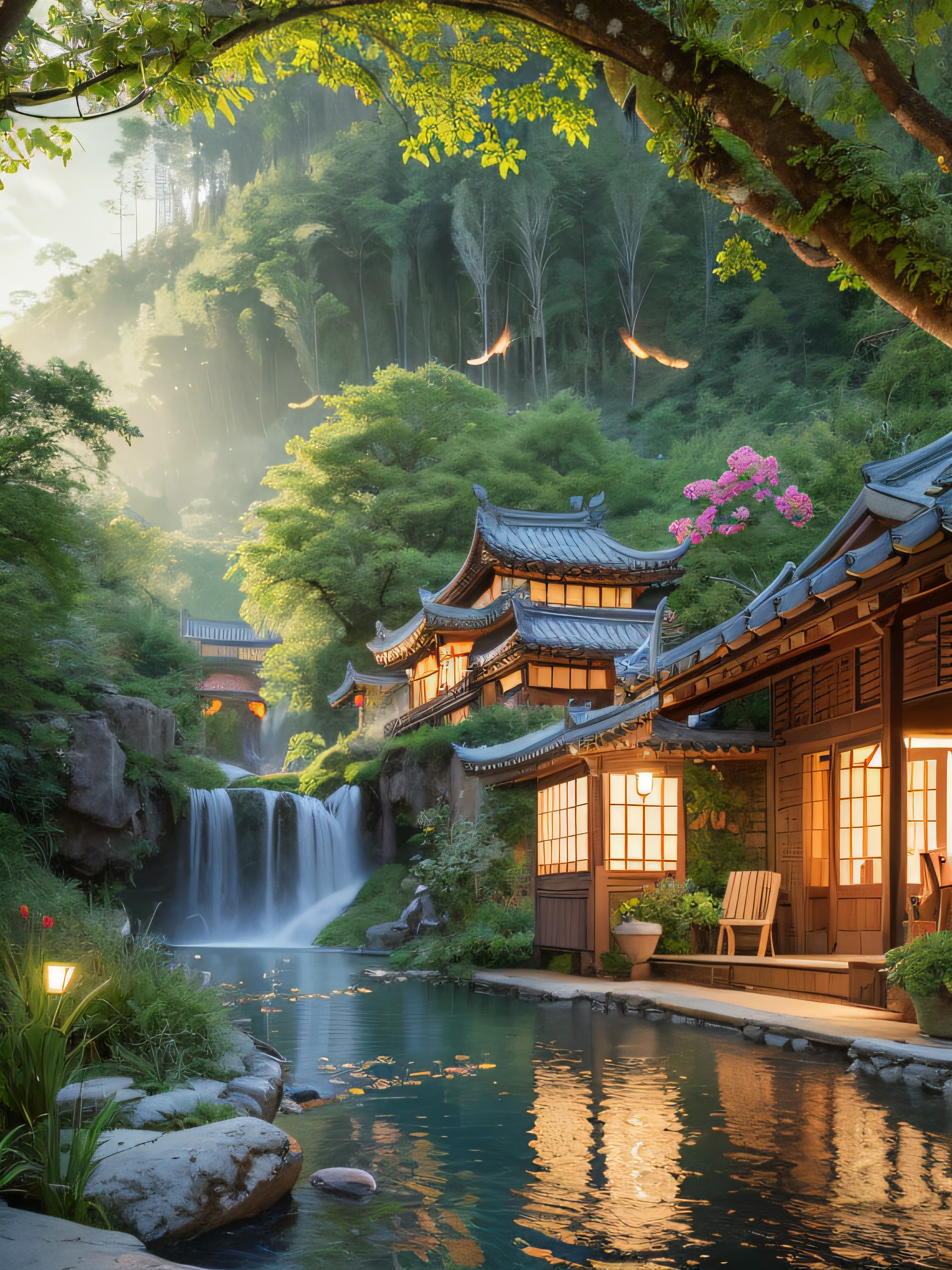 tmasterpiece，Best quality at best，Extremely beautiful reflection，The best reflections。（Very detailed CG unity 8k wallpaper），（Best quality at best），（The best illustrations），（The best shadow），cute animal，Quiet Jiangnan water town，Supai architecture，Beautiful roses，quiet streams，Glowing small mushrooms，surrounded by exquisite leaves and branches，There are also fireflies and glowing particle effects，，（nature elements），（Jungle theme），（foliage），（tree branch），（glowworm），butterflys，（exquisite leaves），（with light glowing），（particle effect）。 , isometric 3D, Octane rendering, Ray traching, ultra-detailliert