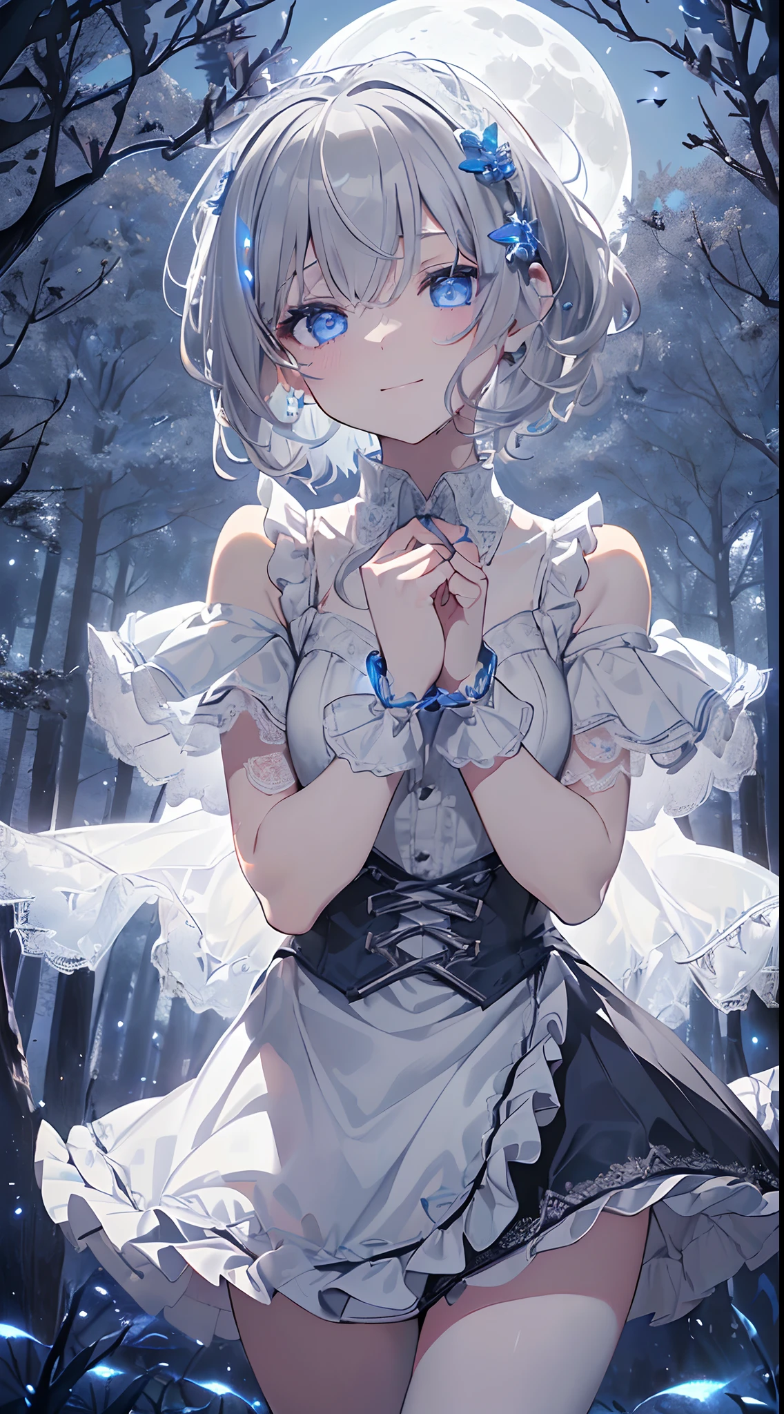Idol、masterpiece、top-quality、Beautiful expression、absurderes、nffsw、(cowboy shot、White Ruffled Lace Mini Dress、White collar、White ruffle cuff、Particle:1.5)、(bloom、Glow:1.4)、(A smile)、(short gray hair、blue eyess:1.7)、foco nítido、Photorealsitic、hight resolution、highestdetailed、ultra-detailliert、detailed faces and eyes、Sharp pupils、Realistic pupils、foco nítido、 shinny skin、Black corset、(dark forest、a moon、dark backgrounds:1.5)、Rim lighting、Dynamic, Cinematic lighting、(((tucking up the skirt:1.3)))、(((White panties are visible)))、