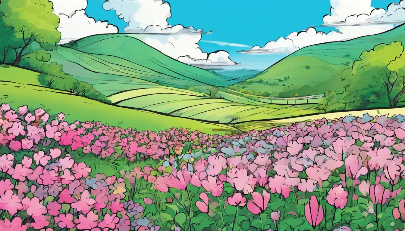 Fields full of flowers,Flowers,Blue sky,clouds,green color,in pink,Black lines