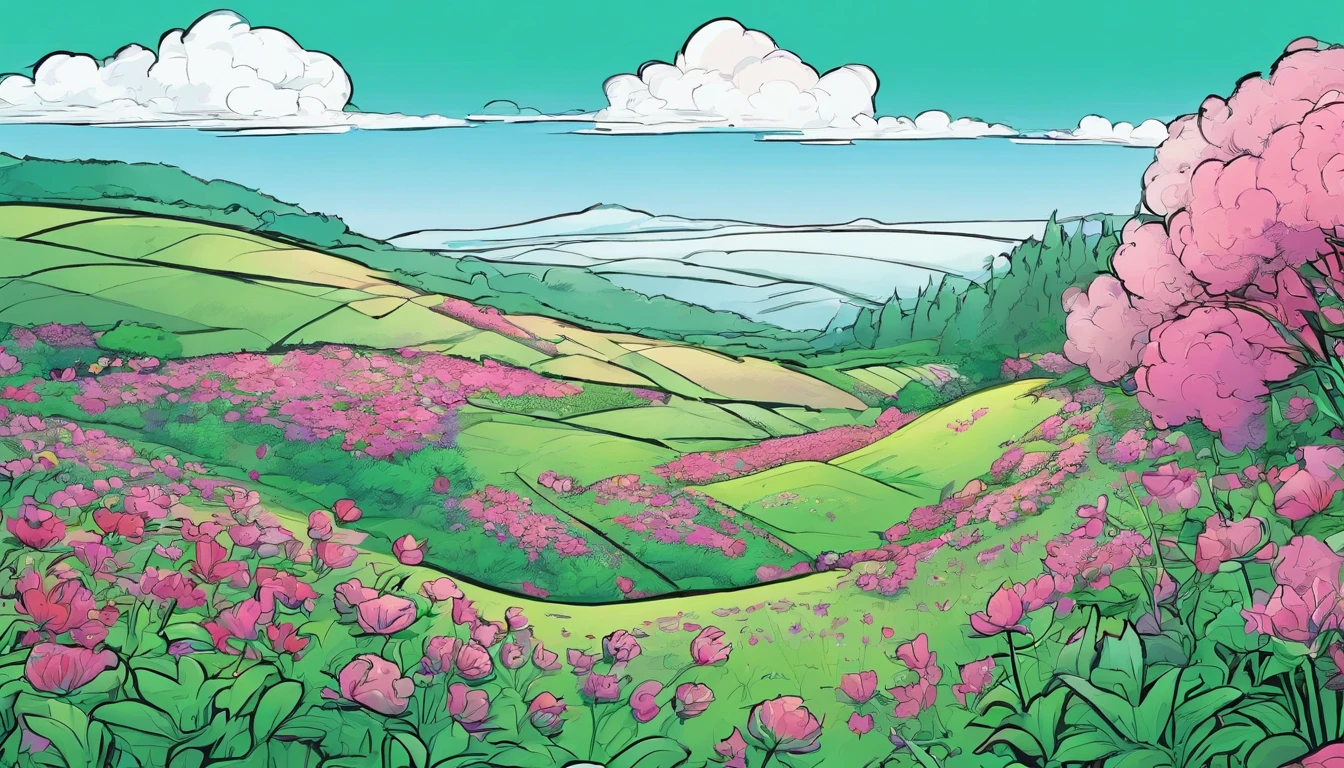 Fields full of flowers,Flowers,Blue sky,clouds,green color,in pink,Black lines