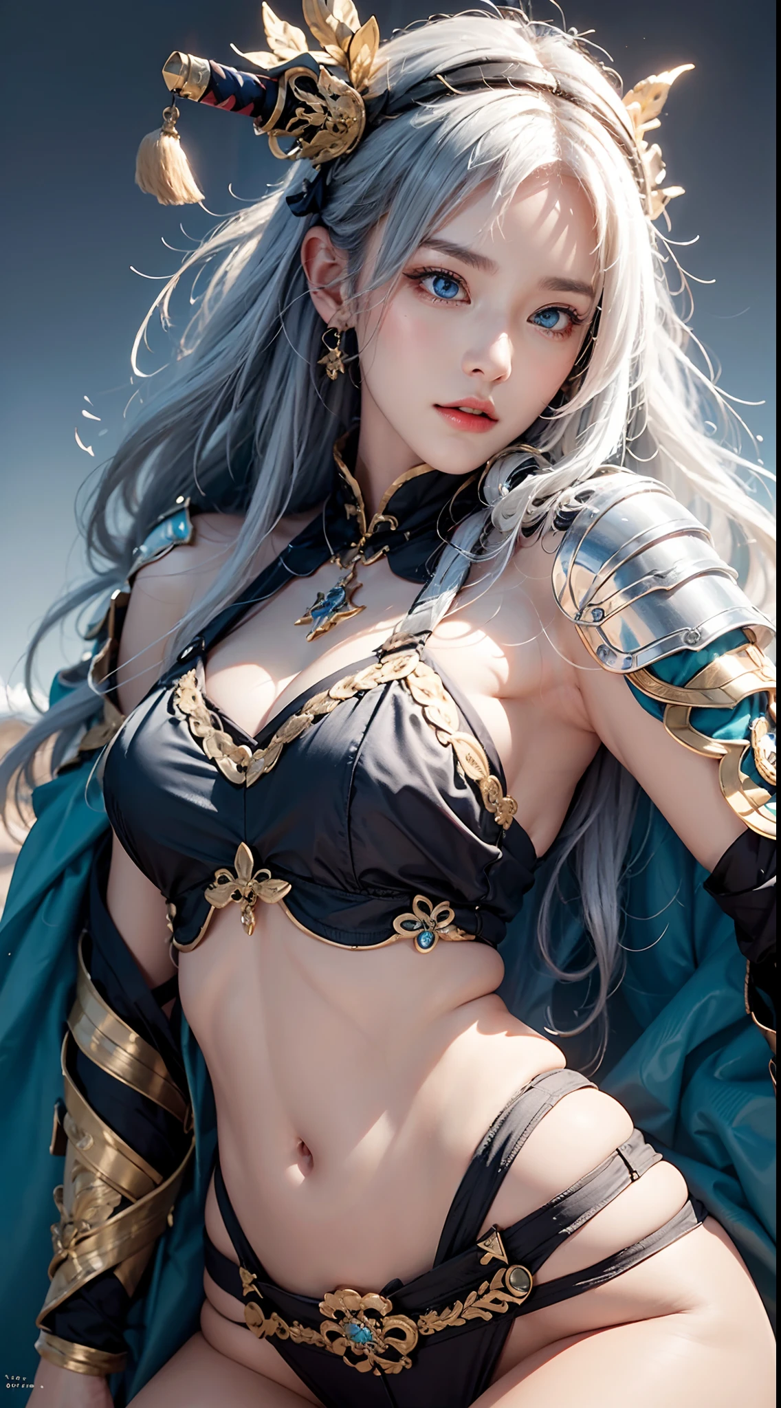photorealistic, masterpiece, photorealistic, high resolution, soft light, hips up, blue eyes, white hair, long hair, Intricate details EABA, cloaks, spear, Samurai, Armor, Japanese Katana Sword, warrior, samurai helmet