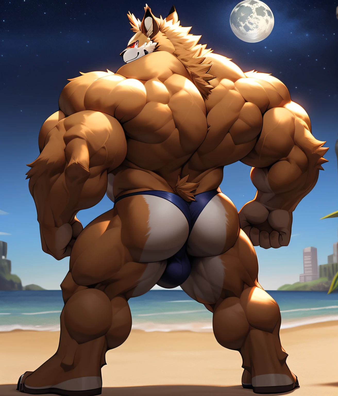 nj5furry, (((BACK))), (((BACK))), (((BACK:1.2))), (((BACK))), (Leomon, massive, huge, young face, , bodybuilders body), Leomon, ((extremely realistic shadows, masterpiece, extremely detailed, photorealistic)), kemono, young, teen16 years)), firm back, massive back, round butt, firm and shapely buttocks, back, broad shoulders, standing on your back, firm buttocks, round buttocks, shapely buttocks, massive and very muscular back, (((BROWN FUR))) Leomon, ((detailed face)) red nose, red eyes, ((detailed eyes)), smile, mischievous smile, mischievous expression, white teeth, mouth slightly open, red tongue, brown skin, brown fur, brown hair, sexy, height 3 meters high, the optimal height, tight clothing, body full of muscles; muscle bulge pecs, bulge in the crotch, massive ripped abs, V-shaped body, thick waist, long legs, strong arms manly, handsome face, attractive cool calm face type with a cold smile, bodybuilder body, topless. Beach, night, moon, moon rays, nebula; bulge in the crotch, wears a tiny thread thong that reveals huge, muscular thighs, bulge biceps, looking at viewer. Everything was big. His shoulders ridiculously broad, his back absurdly wide and the rear of his upper arms indecently muscular. Even his perfectly round arse looked huge as it struggled to contain the material of his extremely tight, thread thong. 
A mini muscle bull in the making. A potential PRO competitive bodybuilder. Even the back of his head was hot. And his mini bull neck.