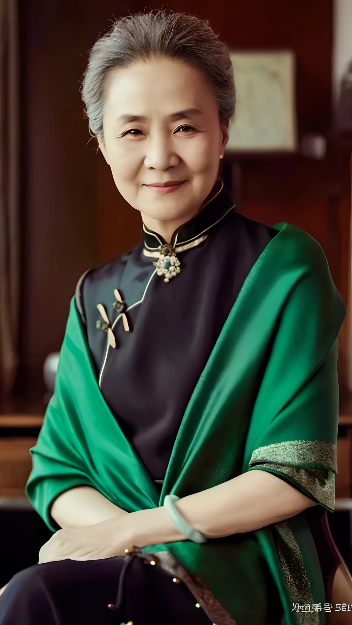 A close-up of an old grandmother sitting in a chair wearing a green shawl, inspired by Hu Zao, inspired by Min Zhen, inspired by Xu Xi, zhang daqian, Inspired by Guo Xi, chinese empress, inspired by Gu Zhengyi, lulu chen, Inspired by Li Tang, inspired by Zhang Zeduan, Yun Ling, inspired by Wang Meng