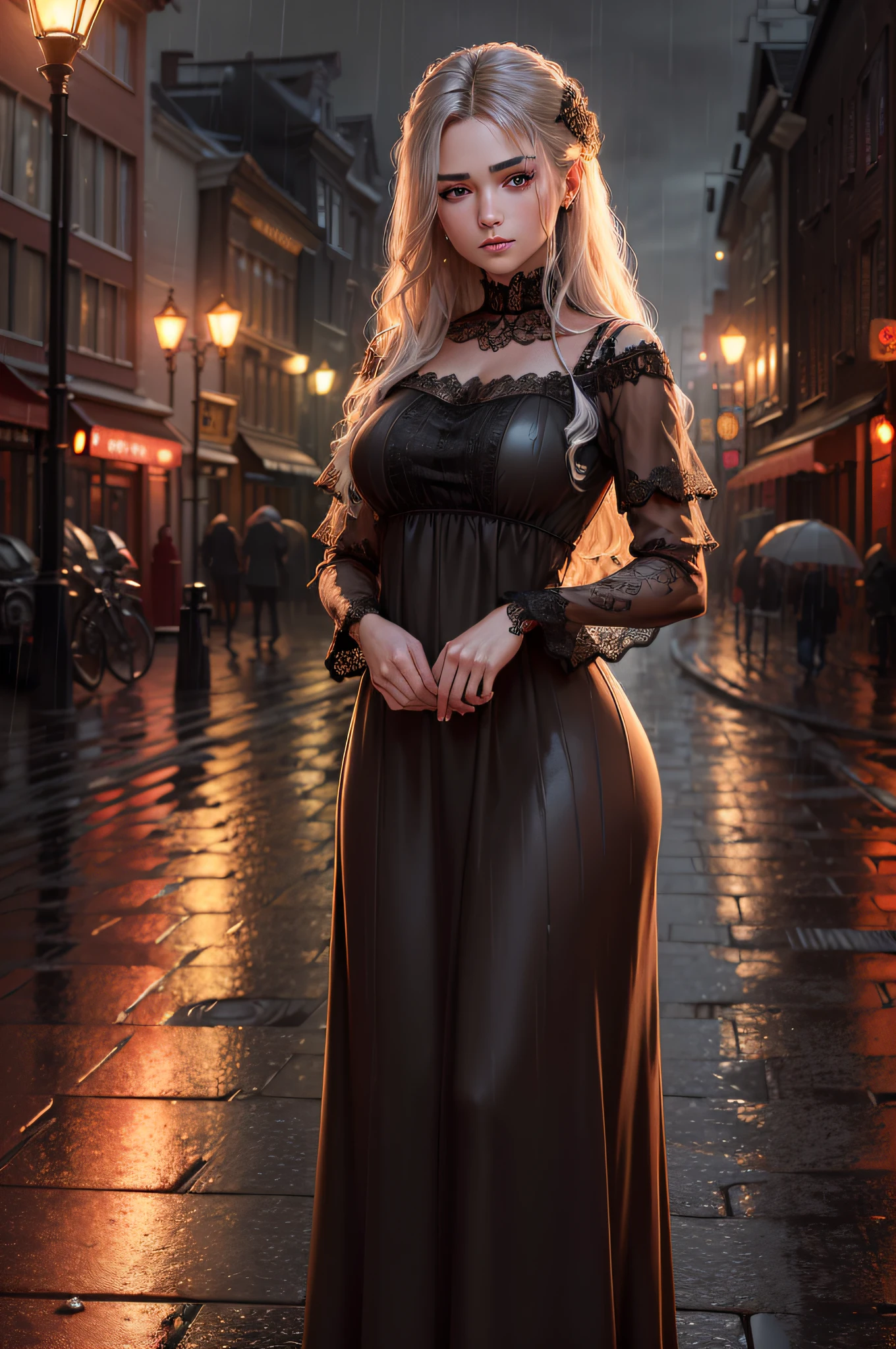 ((Best quality, 8k, lace maxi dress, standing in the rain, red light district, highly detailed face and skin texture, detailed eyes, double eyelids.)