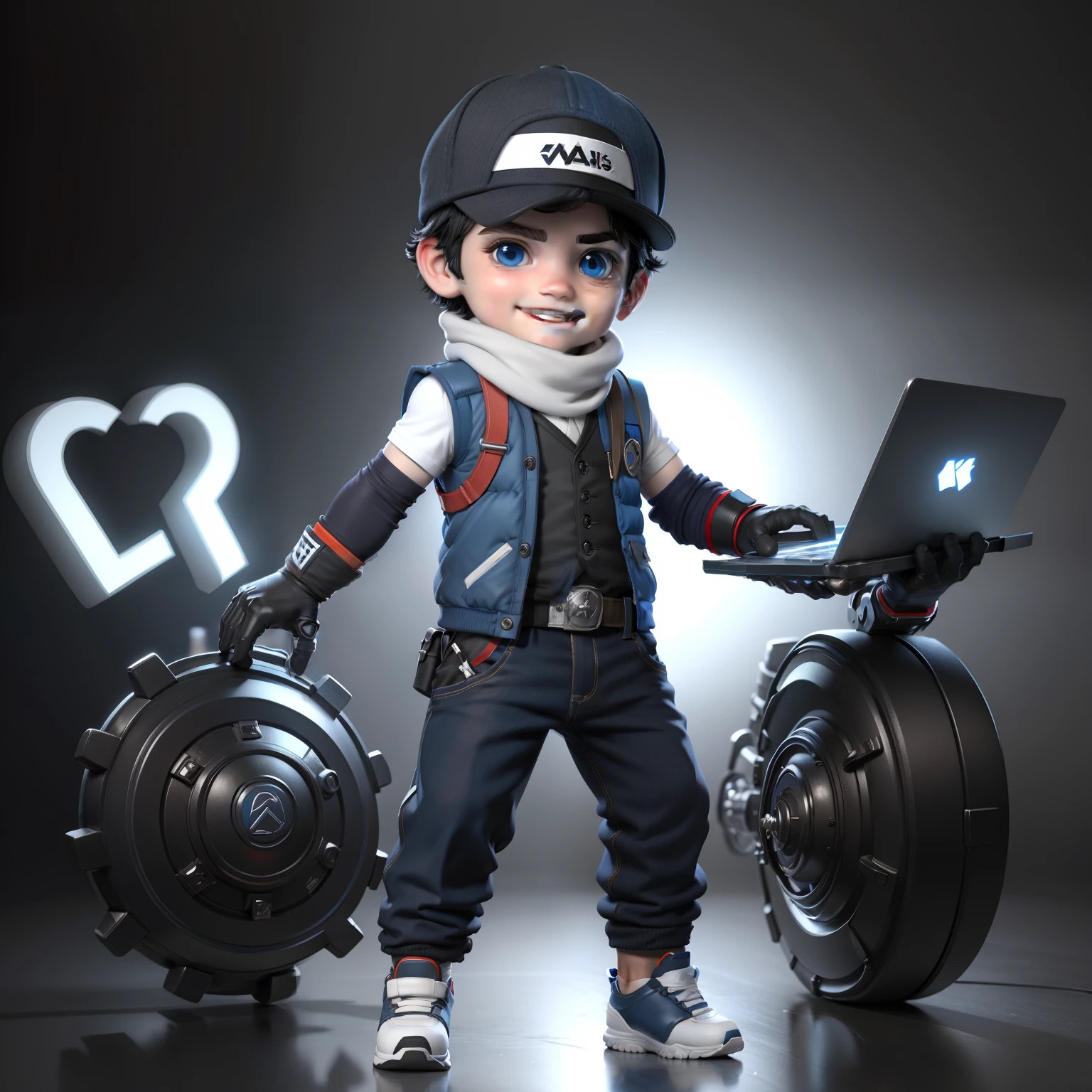 ((masterpiece, best quality)),(complex lighting),,solo, smile, blue eyes, black hair, simple background, gloves, 1boy, 4 year old, hat, white background, full body, male focus, shoes, pants, fingerless gloves, vest, baseball cap, holding laptop