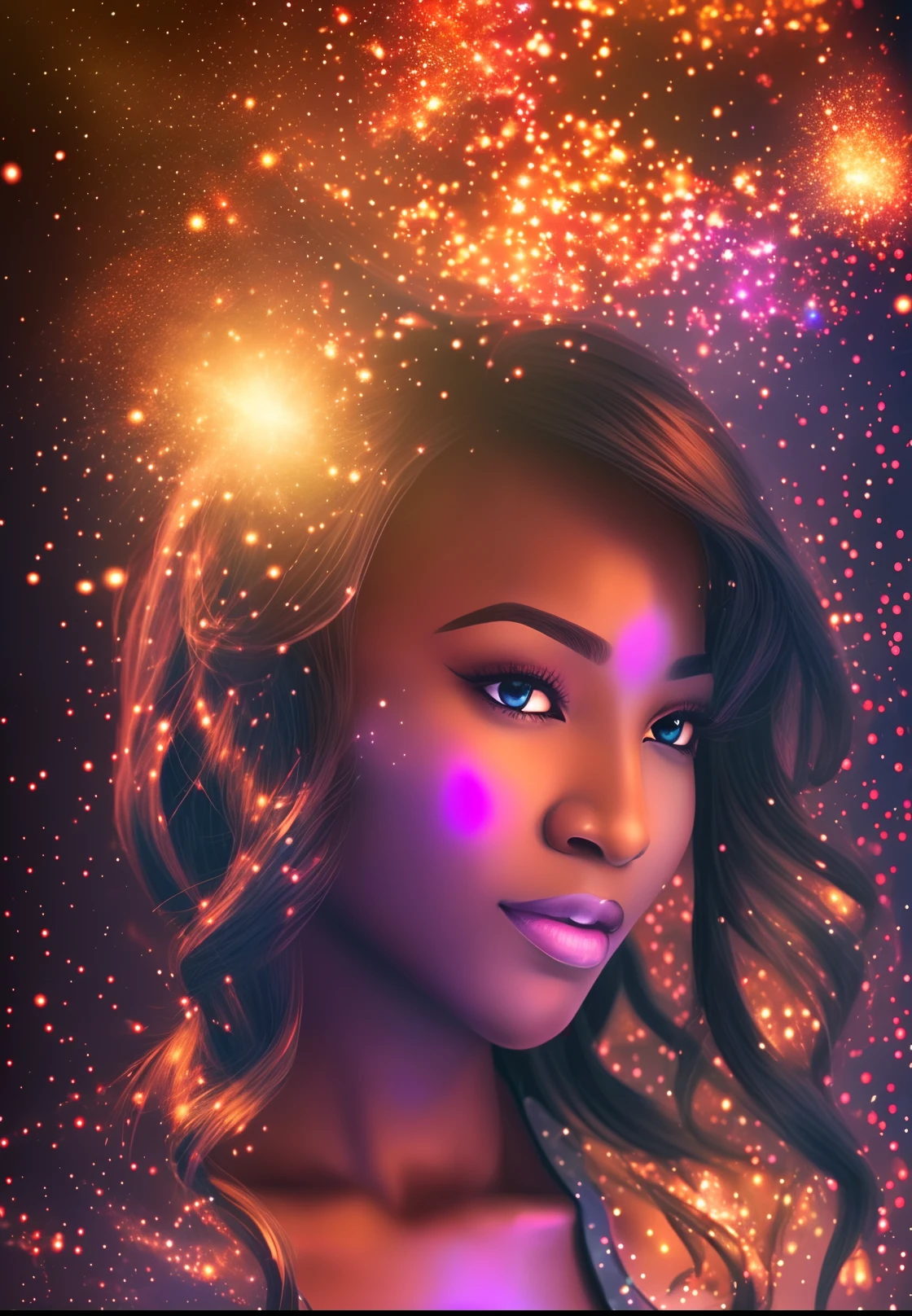 A black woman wearing african designed clothes standing in a dark area, with shining particles falling from up, tiny particles shining beautifully, with iridescent light, photorealistic image, 32k, ultra HD, cinematic lighting, artgerm style, highly detailed images, vibrant and beautiful colours, highly detailed facial features, highly detailed hands, highly detailed fingers, highly detailed legs, --auto --s2