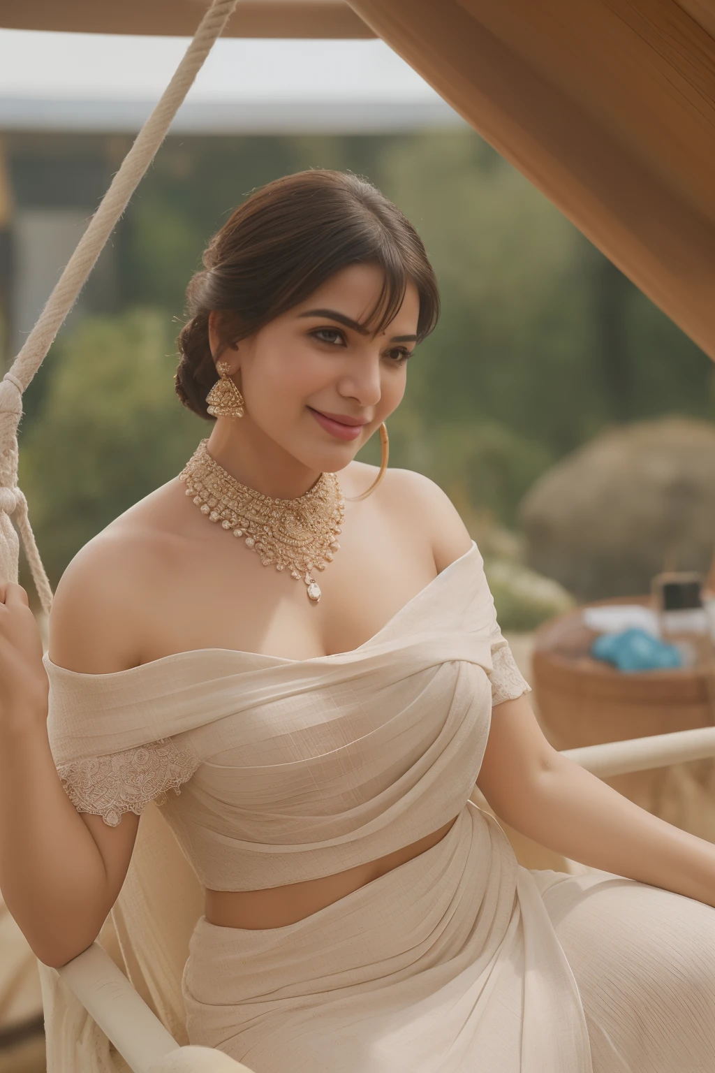 Day scene, low angle shot of close up photo of indian, big cheeks, sexy navel, hanging in swing chair on Mount Everest, off shoulder strapless cowl neck dress, deep cut neckline, perfect figure, swooping breasts, deep cleavage, ponytail hair, necklace, look at viewer and smile, (cinematic:1.3), intricate details, (ArtStation:1.2)