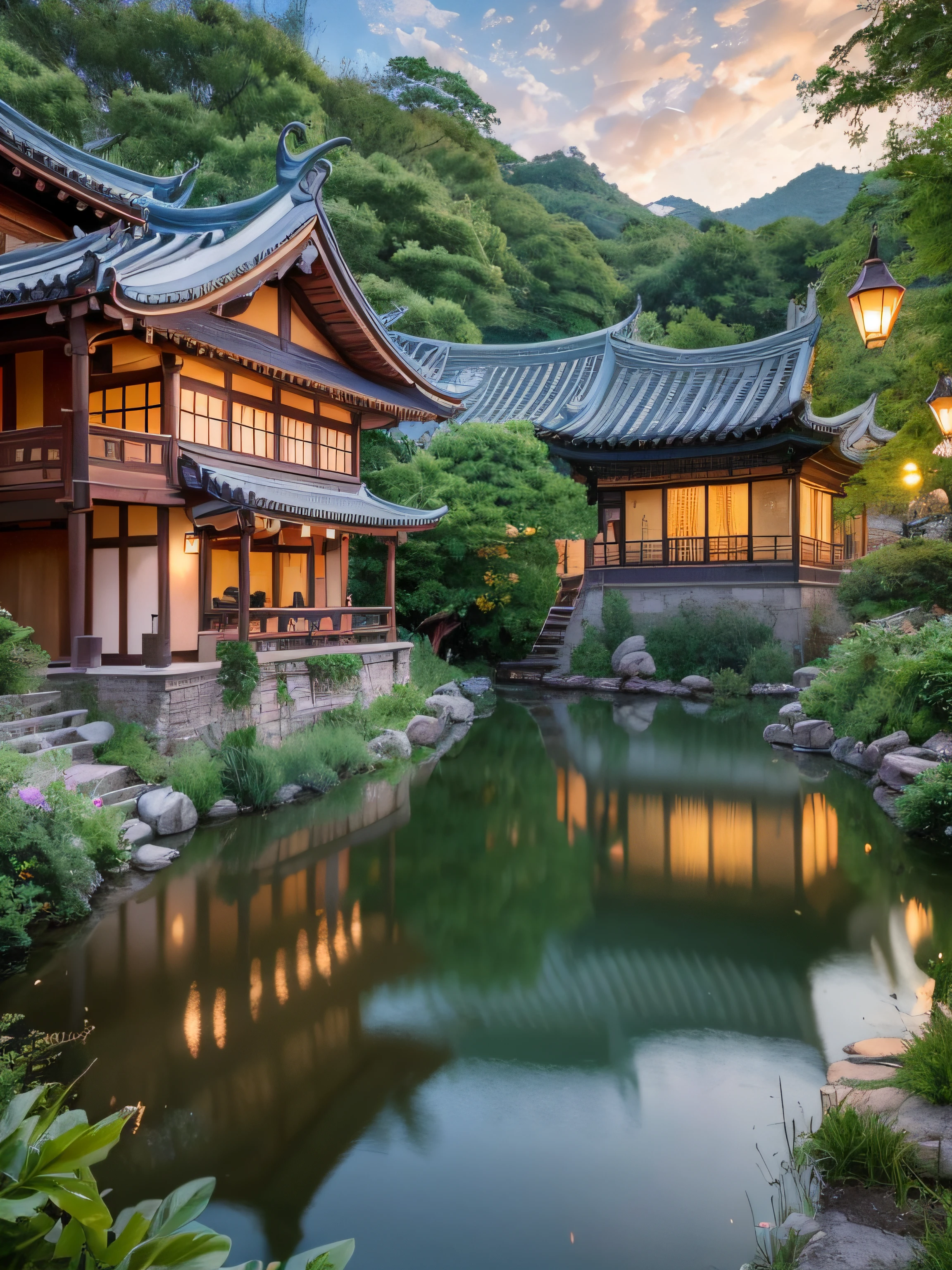 tmasterpiece,Best quality at best,Extremely beautiful reflection,The best reflections。(Very detailed CG unity 8K wallpaper),(Best quality at best),(The best illustrations),(The best shadow),Beautiful girl in Hanfu,cute animal,Quiet Jiangnan water town,Supai architecture,Beautiful roses,quiet streams,Glowing small mushrooms,surrounded by exquisite leaves and branches,There are also fireflies and glowing particle effects,,(nature elements),(Jungle theme),(Foliage),(tree branch),(glowworm),butterflys,(exquisite leaves),(with light glowing),(Particle effect)。 , Isometric 3D, Octane rendering, Ray traching, ultra-detailliert