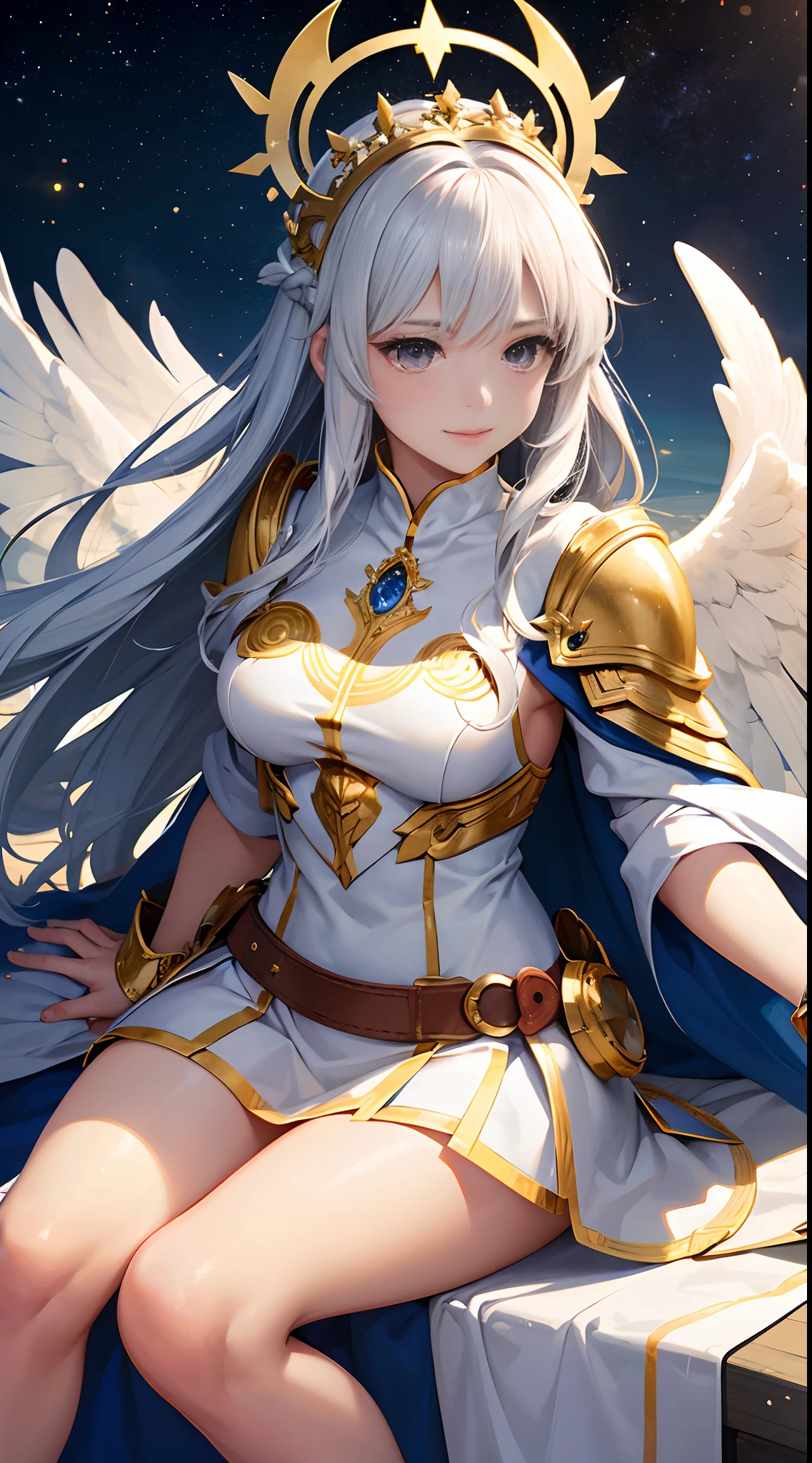 Full-body, silver-haired young girl, golden eyes, angelic body, and white armor with a mini skirt, wield a shield, wear a cloak and golden crown, sitting on the throne of golden sun, white wings, heavenly sun, and dawn background scene, the magic circle with diamond star, brave smile, stable diffusion v5, anime style v3, lora style v5, dynamic, image enhance, dream shape, vibrant, realistic face, best quality, upscale, sharp focus masterpiece.