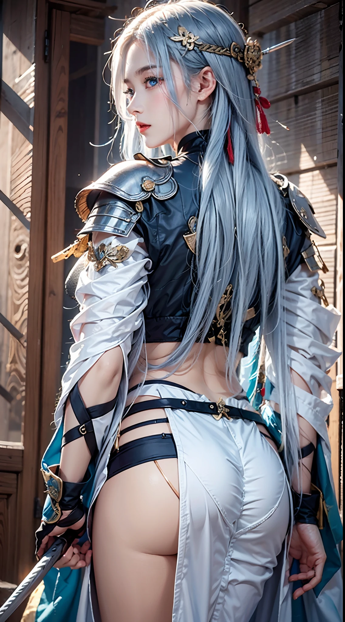 photorealistic, masterpiece, photorealistic, high resolution, soft light, hips up, blue eyes, white hair, long hair, Intricate details EABA, cloaks, spear, Samurai, Armor, Japanese Katana Sword, warrior, samurai helmet, back view