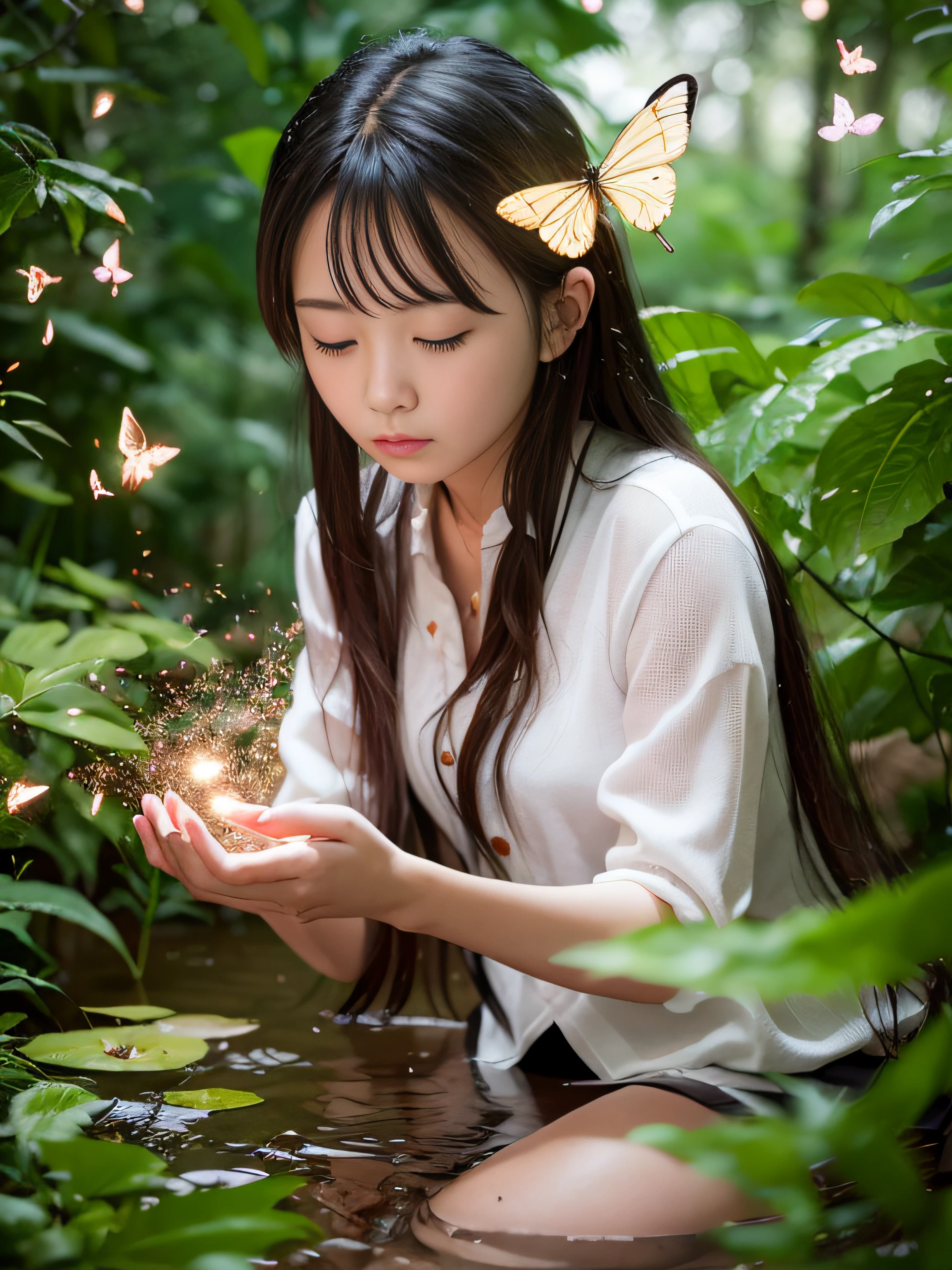 tmasterpiece，Best quality at best，Extremely beautiful reflection，The best reflections。（Very detailed CG unity 8K wallpaper），（Best quality at best），（The best illustrations），（The best shadow），Beautiful girl in Hanfu，cute animal，Quiet Jiangnan water town，Supai architecture，Beautiful roses，quiet streams，Glowing small mushrooms，surrounded by exquisite leaves and branches，There are also fireflies and glowing particle effects，，（nature elements），（Jungle theme），（Foliage），（tree branch），（glowworm），butterflys，（exquisite leaves），（with light glowing），（Particle effect）。 , Isometric 3D, Octane rendering, Ray traching, ultra-detailliert