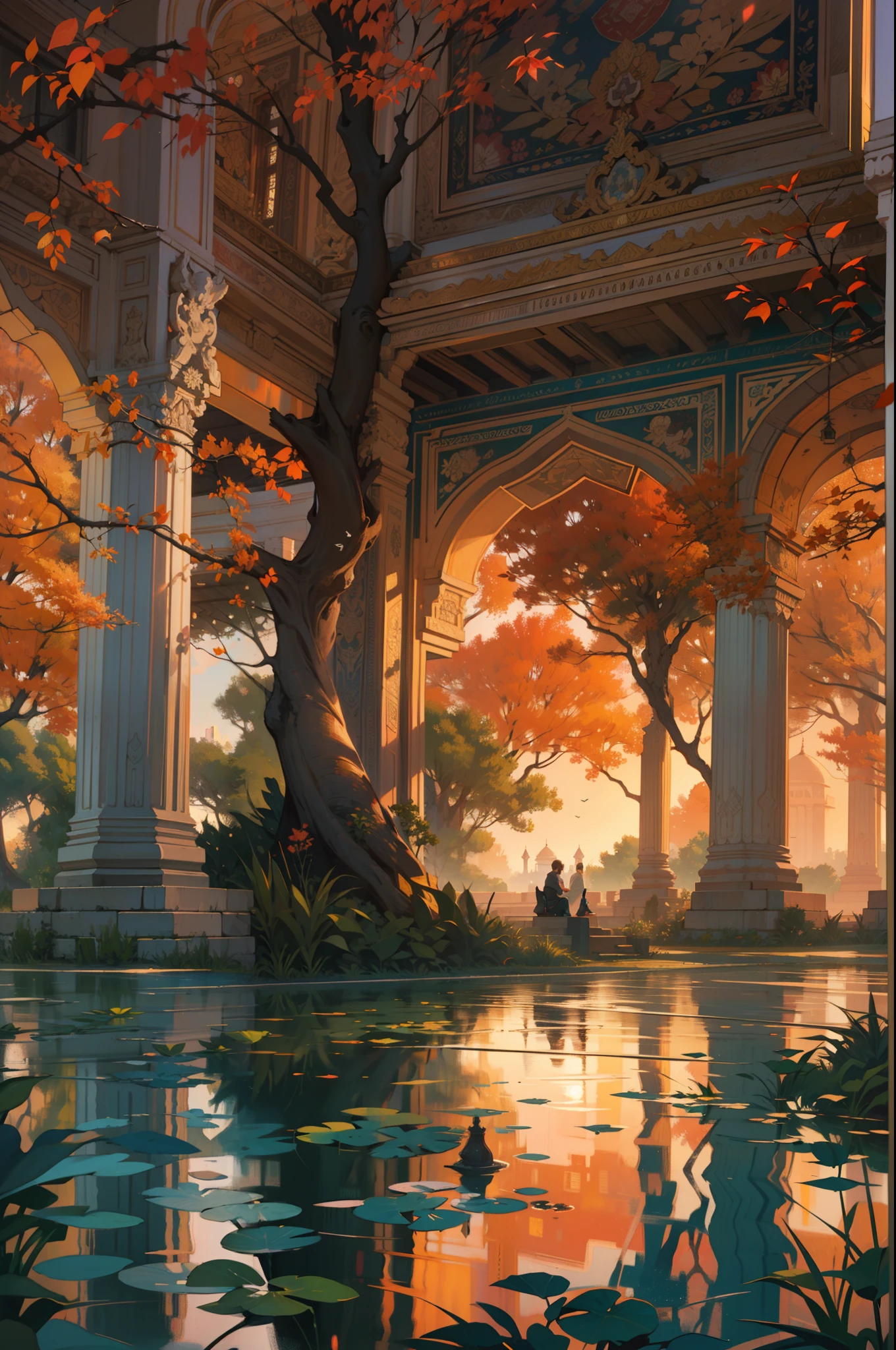 Cartoon watercolor & Oil painting illustration，A golden Thai temple，The grandeur of the Taj Mahal is shown，The tree，Red maple leaf，Reflection on the surface of the water，Peaceful autumn sunset, In the style of Liam Wong, serenequietude, 2D game art, UHD image, vibrant paint palette, Pixelated landscape:: Cartoon watercolor & Oil painting by Joseph Christian Leandecker & Shepard Fairley & James Jean & Anders Zorn & Jeremy Mann & Alphonse Mucha, Taj mahal，thai temple，golden time，There are acacia trees, Motion graphics, flowerpunk, Afropunk, Intricate details, Dynamic, Dramatic lighting, The light from the back window is backlighted, raking light, vivd colour:: Erin Hansen & Donato Giancola's & Nicolas de Starr, Sunset, A magnificent Thai temple next to the Taj Mahal，Reflection on the surface of the water ，Large acacia tree, cumulus cloud, ultra - detailed, Cinematic lighting, Long shadows, Saturation contrast