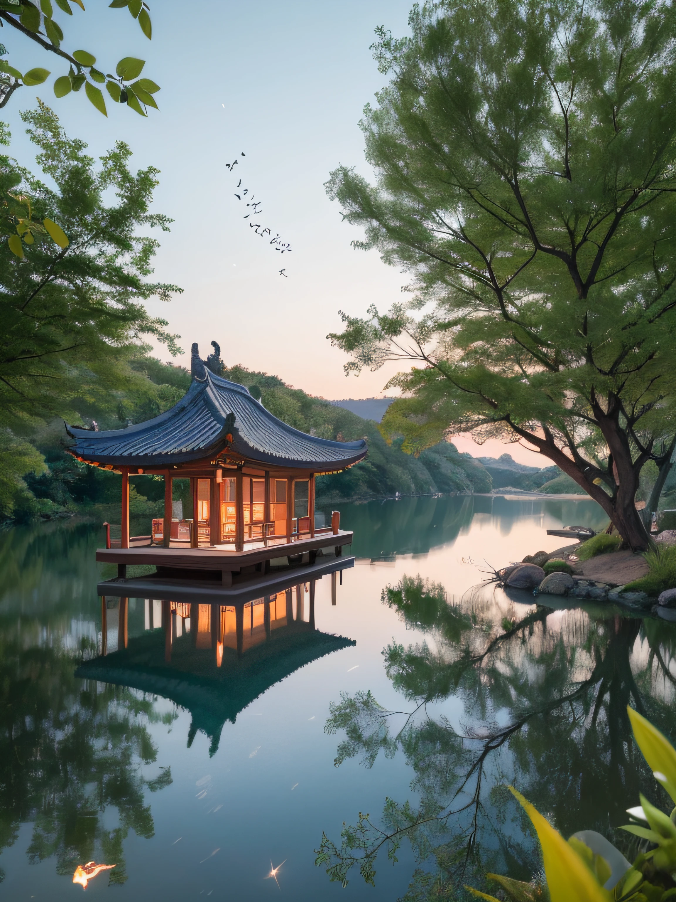tmasterpiece，Best quality at best，Extremely beautiful reflection，The best reflections。（Very detailed CG unity 8K wallpaper），（Best quality at best），（The best illustrations），（The best shadow），Girl，silkouette，MuCoi，Delicate makeup，Quiet Jiangnan water town，Supai architecture，Beautiful roses，quiet streams，Glowing small mushrooms，surrounded by exquisite leaves and branches，There are also fireflies and glowing particle effects，，（nature elements），（Gangnam theme），（Foliage），（tree branch），（glowworm），butterflys，（exquisite leaves），（with light glowing），（Particle effect）。 , Isometric 3D, Octane rendering, Ray traching, ultra-detailliert