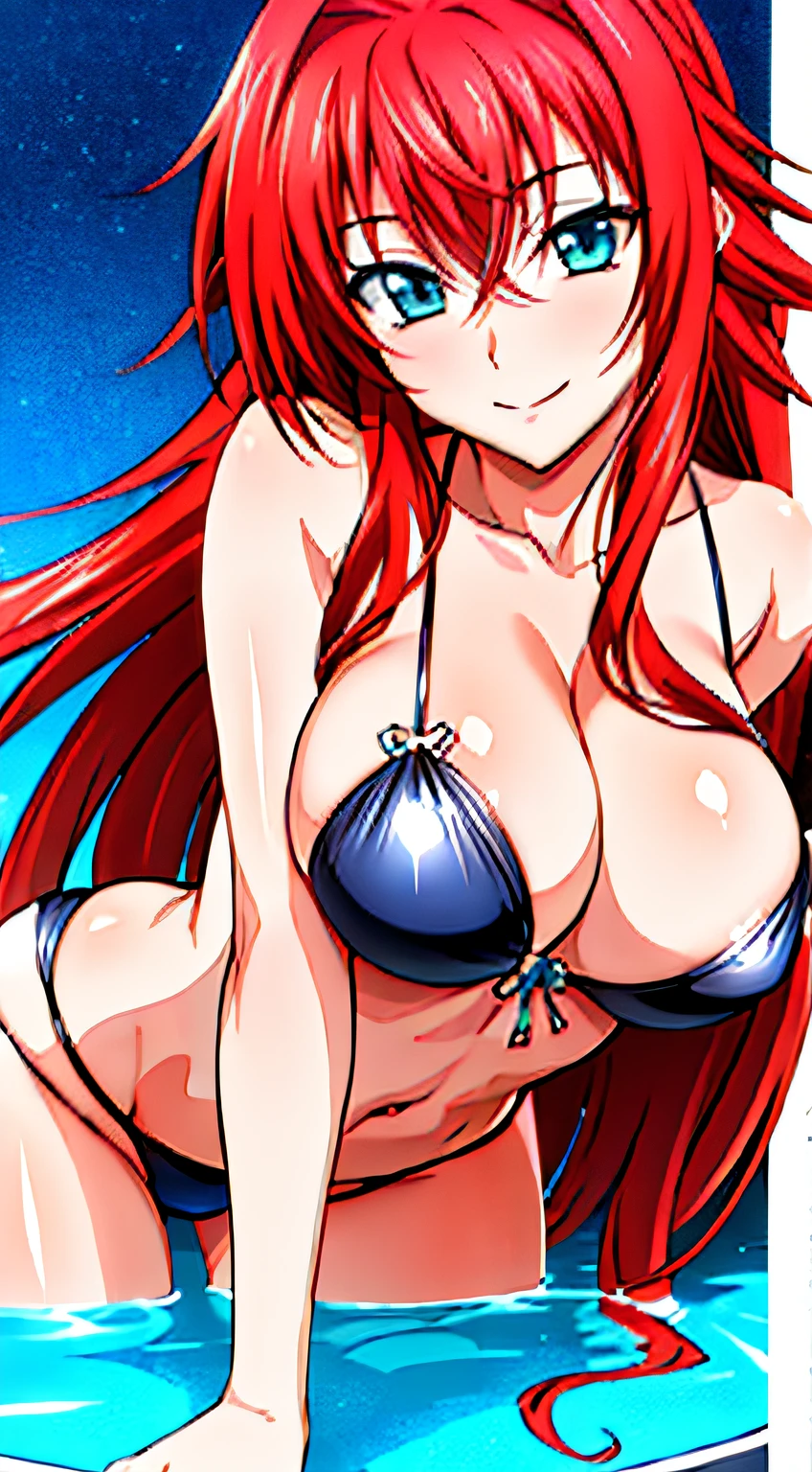 masterpiece, best quality, 1girl, Rias Gremory, long hair, looking at viewer, cute,  big breasts, (high contrast), (colored), large breasts, curvy, (((blue eyes))),  rias gremory, red hair, antenna hair,  wavy hair, ((beautiful detailed eyes, beautiful detailed glow, lots of glow)), Jacuzzi, water, black bikini, seductive, smile