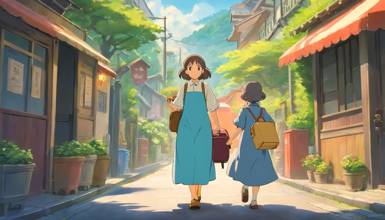 Uncle and her daughter carrying luggage,Just got off the bus,Return to your home town