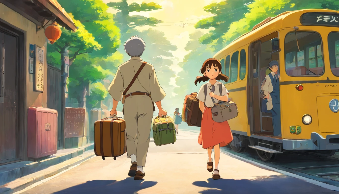 Uncle and her daughter carrying luggage,Just got off the bus,Return to your home town