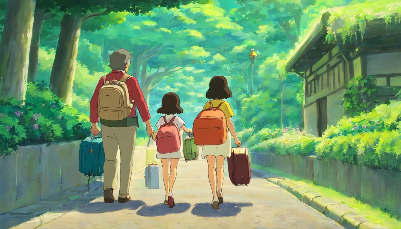 Uncle and her daughter carrying luggage，Just got off the bus，Return to your home town