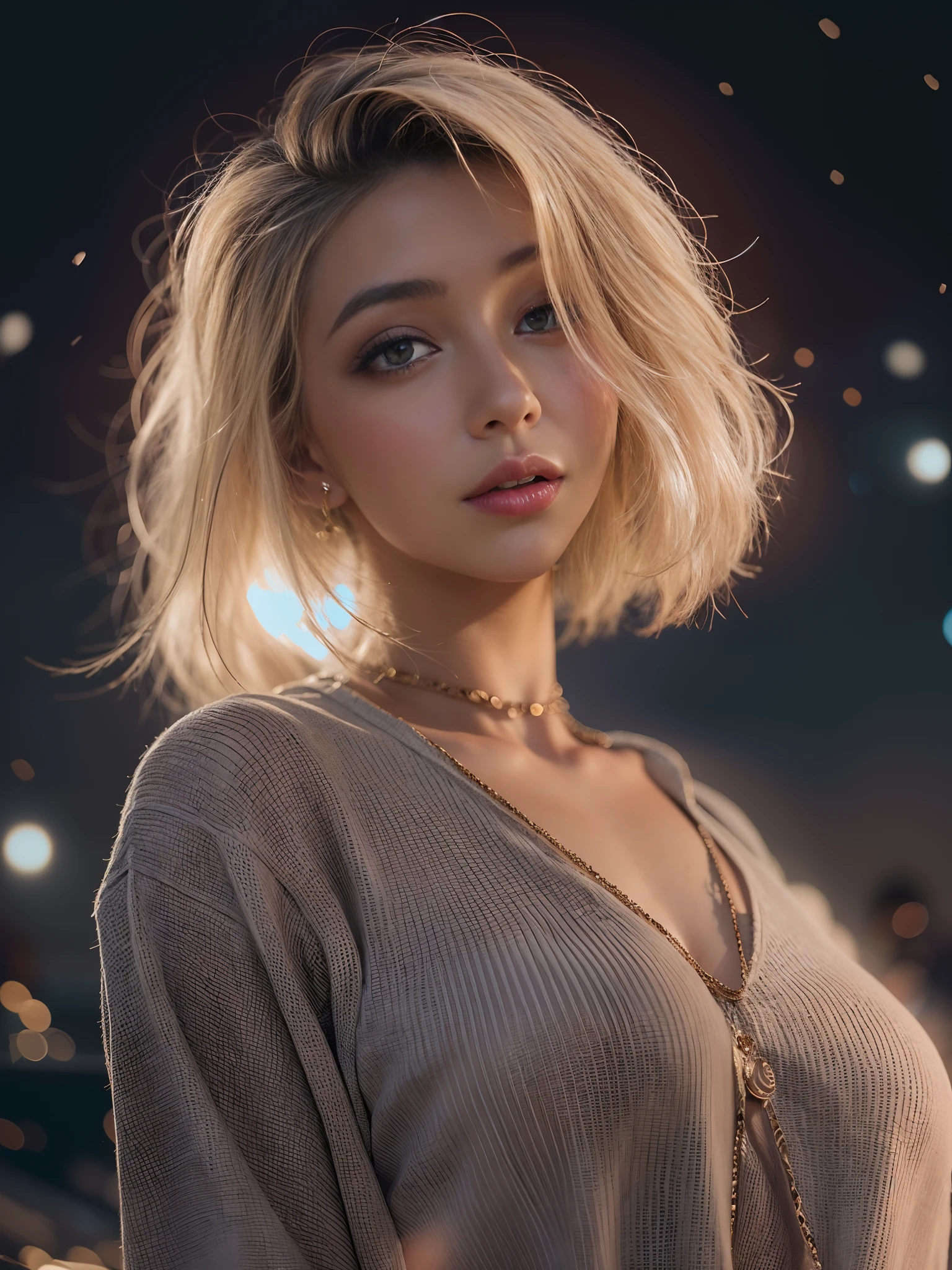 30-year-old woman with, (hi-top fade:1.3), length hair, starryskybackground, moonlight, Soothing tones, Fair Color, (natural skin textures, Hyper-Realism, Soft light, sharp), Realistic, photographrealistic, Raw photo, Photography, amazing shading, dynamic angle, Professional Lighting, ultra-quality, ​masterpiece, 8k Full Length Portrait, (((detailed costume, A detailed face, A detailed eye, flawless skin texture, Perfect ???????, Perfect ???????, perfectly proportions, perfect buttocks, face perfect, perfect arms, perfect hand, Perfect fingers, Perfect toes, perfect leg))), ((No closeup)), (round hip, thick thighs, flat abdomen, slim waist, Strong-willed eyes, Eyes that shine like a cat), H-cup, Surrender, red blush:1.8, blushing, spotless Skin, Lip stud under the lips, Farbe_aberration, Bokeh:1.8, (Floating hair), (underboob), ass visible through panties, Thigh gap, camel toe, (tits, Nipple shadow), Underwear made of very thin and flexible material, Flushed above the chest of drawers