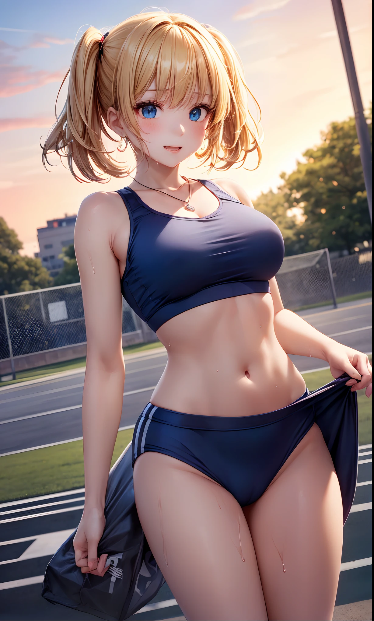 absurderes, ultra-detailliert,bright colour, extremely beautiful detailed anime face and eyes, (独奏:1.6), ;D,(Sports Bra Lift:1.3),(Under the breasts:1.3) (Park at dusk:1.3)、(Surprise and embarrassment:1.3)、 shiny_skin,25 years old, Short hair, , asymmetrical bangs, (Blonde hair with short twin tails), Shiny hair, Delicate beautiful face, red blush,(Deep Blue Eyes:1.3 ) White skin, hair clips, earrings, 1 necklace,Wet、