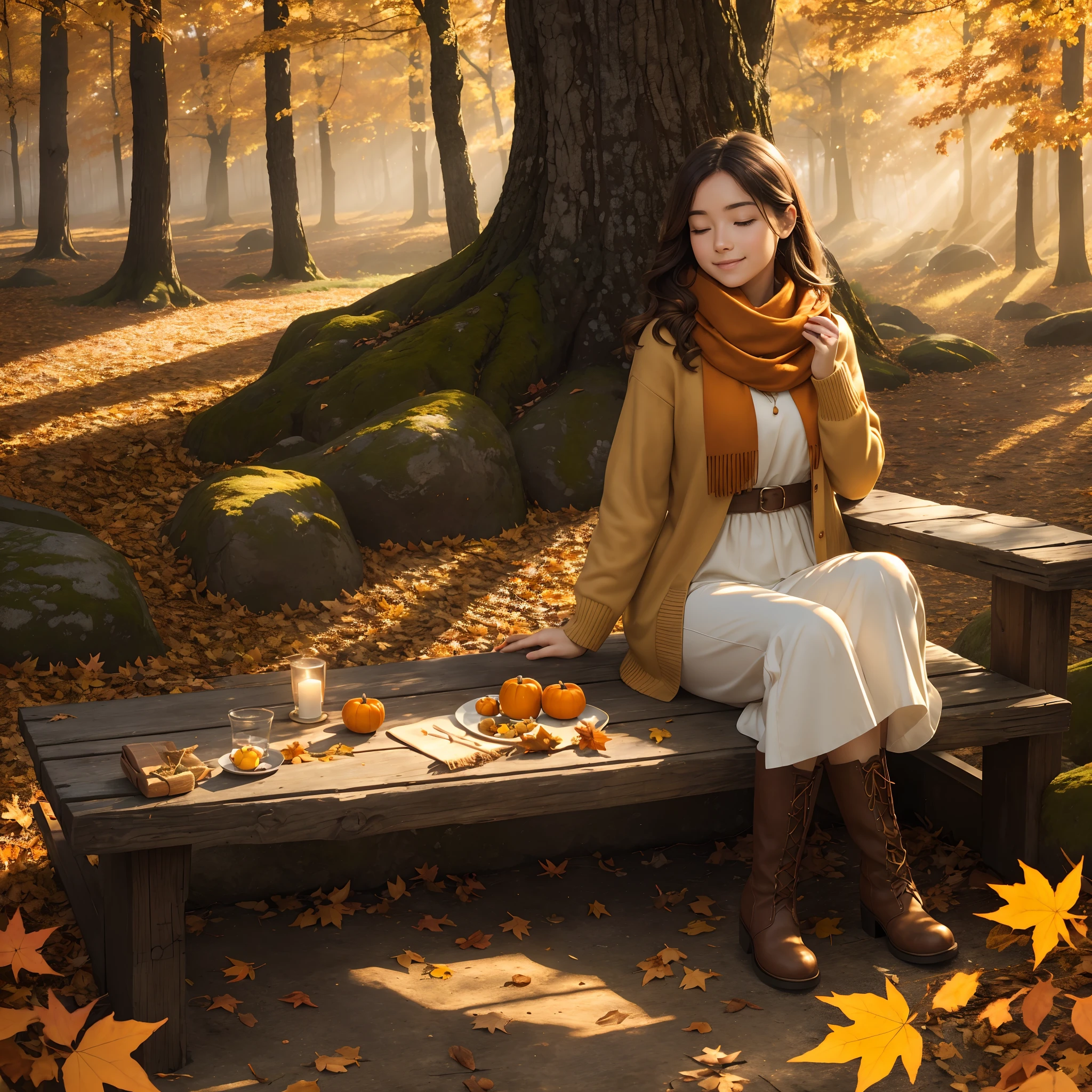 (best quality,4k,8k,highres,masterpiece:1.2),ultra-detailed,(realistic,photorealistic,photo-realistic:1.37),beautiful autumn vacation,girl in a garden,peaceful vibes,fall foliage,cozy atmosphere,warm sunlight,golden leaves,crisp air,rustic wooden bench,autumn flowers,cascading vines,autumn-colored scarf,soft sweater,boots stepping on fallen leaves,faint scent of hot cocoa,faint sound of rustling leaves,tranquil moment,serene smile,quiet contemplation,whispering wind,gently swirling leaves,subtle sunlight filtering through the trees,blissful leisure,autumn sunbeams,dreamy ambiance,tranquil retreat,harmony with nature,picture-perfect surroundings,autumn palette,amber hues,subtle oranges and yellows,hints of red and brown,peaceful retreat,serene expression,harvest bounty,abundance of nature,vivid colors,soft shadows,autumnal glow