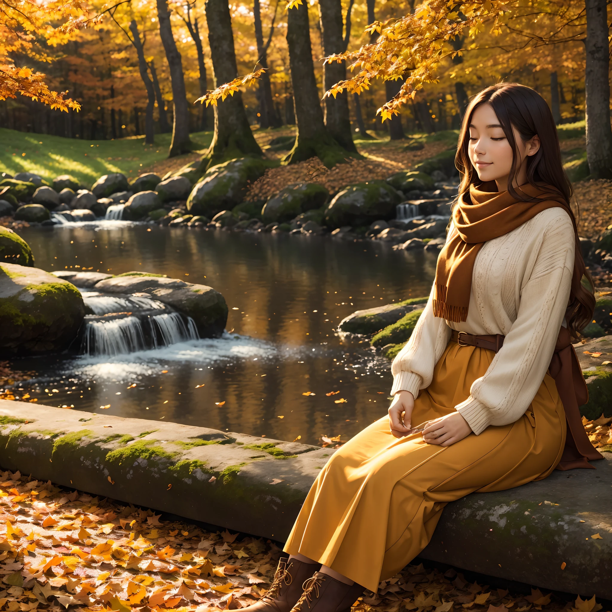 (best quality,4k,8k,highres,masterpiece:1.2),ultra-detailed,(realistic,photorealistic,photo-realistic:1.37),beautiful autumn vacation,girl in a garden,peaceful vibes,fall foliage,cozy atmosphere,warm sunlight,golden leaves,crisp air,rustic wooden bench,autumn flowers,cascading vines,autumn-colored scarf,soft sweater,boots stepping on fallen leaves,faint scent of hot cocoa,faint sound of rustling leaves,tranquil moment,serene smile,quiet contemplation,whispering wind,gently swirling leaves,subtle sunlight filtering through the trees,blissful leisure,autumn sunbeams,dreamy ambiance,tranquil retreat,harmony with nature,picture-perfect surroundings,autumn palette,amber hues,subtle oranges and yellows,hints of red and brown,peaceful retreat,serene expression,harvest bounty,abundance of nature,vivid colors,soft shadows,autumnal glow