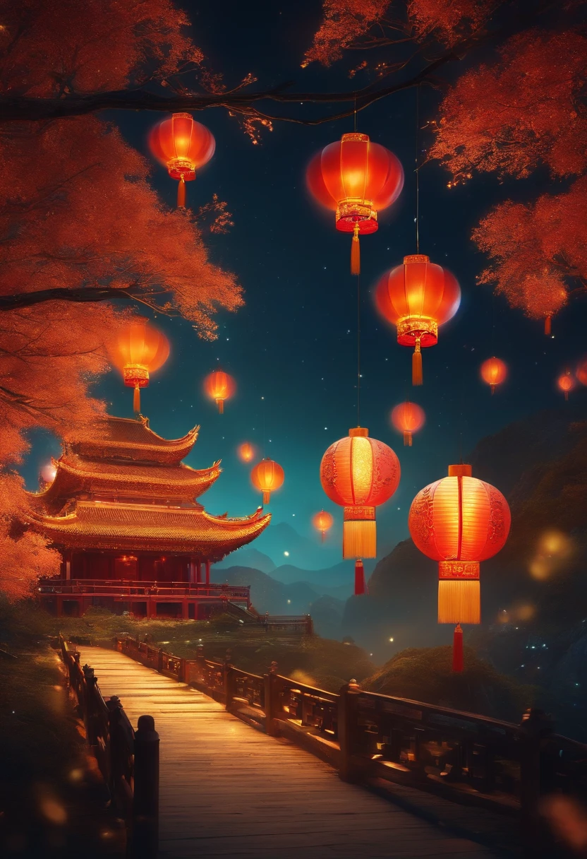 dream-like, Very bright colors, Light particles, with light glowing, Mid-Autumn Festival, wallpaper art, UHD wallpaper,Chinese elements