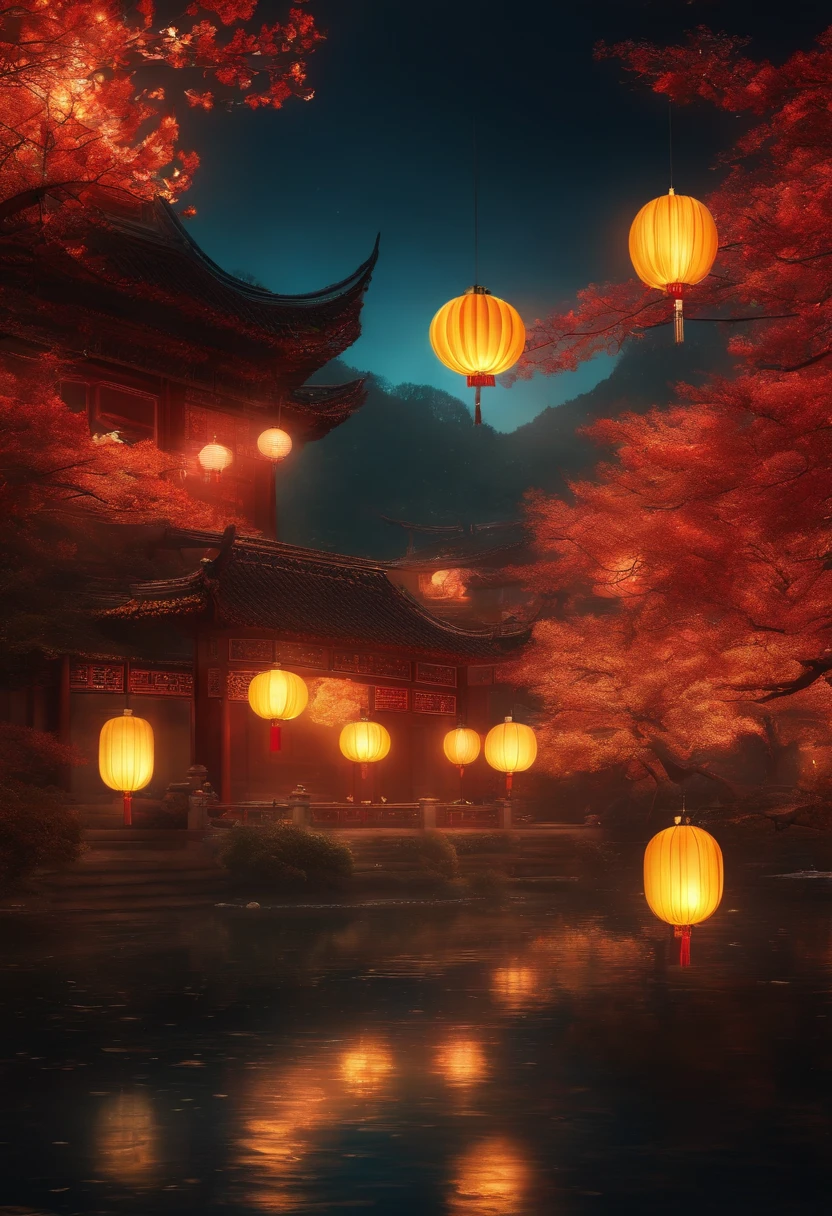 dream-like, Very bright colors, Light particles, with light glowing, Mid-Autumn Festival, wallpaper art, UHD wallpaper，Chinese elements