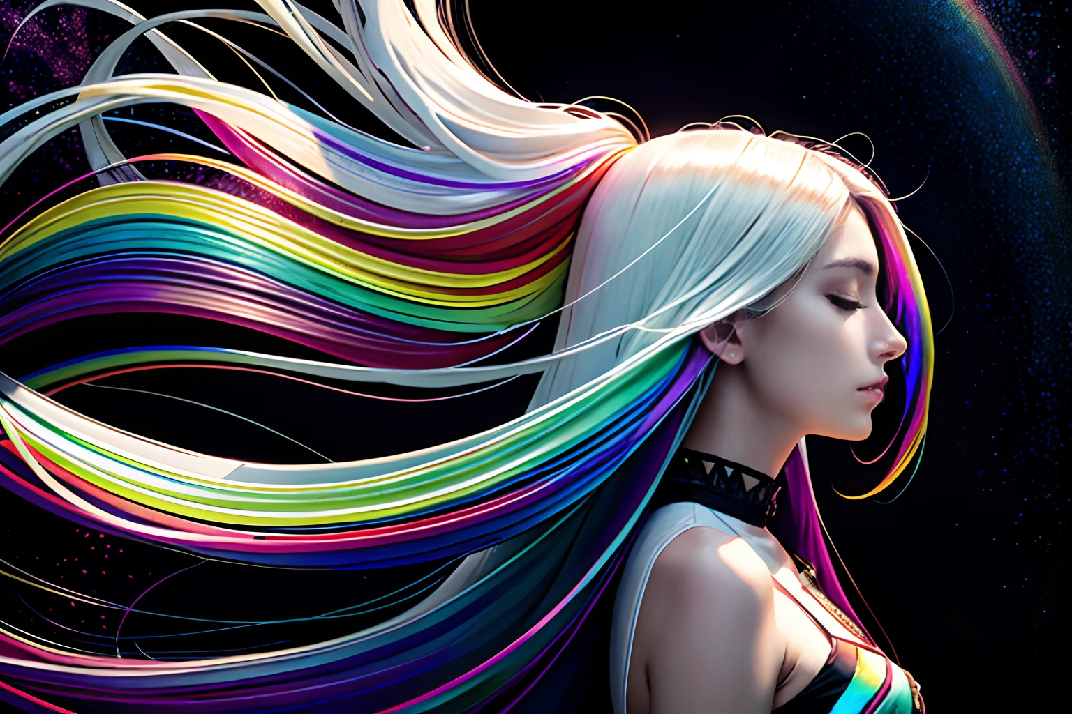 profile, (1 girl is rainbow long hair, hair fluttering in the strong wind:1.3), sharp triangle face, closed eyes, thinking expression, pale white dress, left position, colorful galaxy background intricate detailed, mixed media, concept art of rainbow, beauty beautiful, hair lighting, sleek stylish, ultra quality, insane details, high resolution, fantasy mysterious atmosphere, smooth and flawless skin,