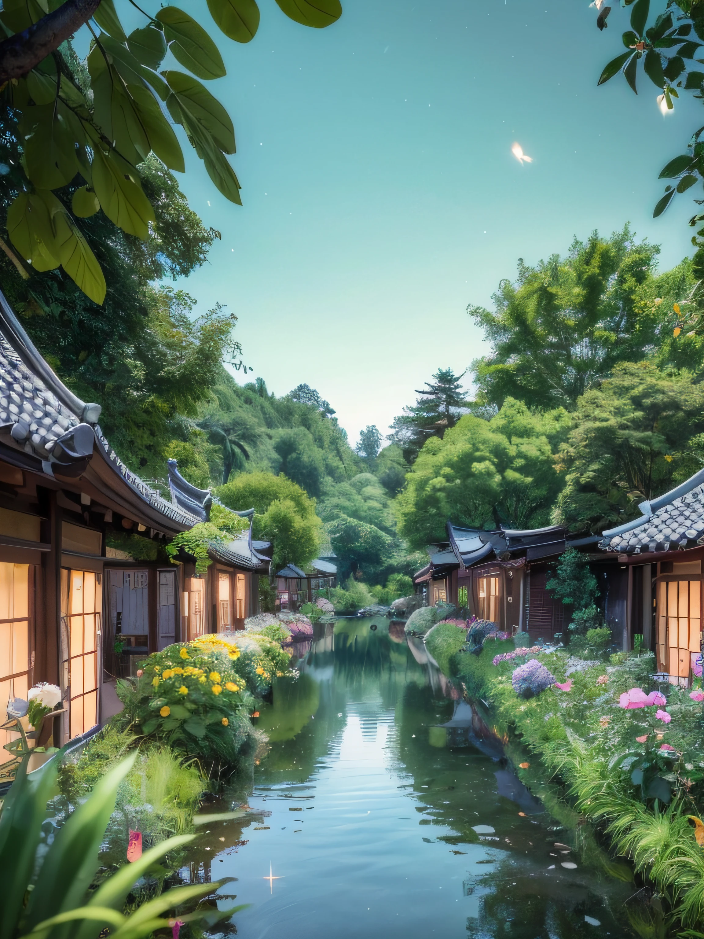 tmasterpiece,Best quality at best,Extremely beautiful reflection,The best reflections。(Very detailed CG unity 8K wallpaper),(Best quality at best),(The best illustrations),(The best shadow),Girl,silkouette,MuCoi,Delicate makeup,Quiet Jiangnan water town,Supai architecture,Beautiful roses,quiet streams,Glowing small mushrooms,surrounded by exquisite leaves and branches,There are also fireflies and glowing particle effects,,(nature elements),(Gangnam theme),(Foliage),(tree branch),(glowworm),butterflys,(exquisite leaves),(with light glowing),(Particle effect)。 , Isometric 3D, Octane rendering, Ray traching, ultra-detailliert