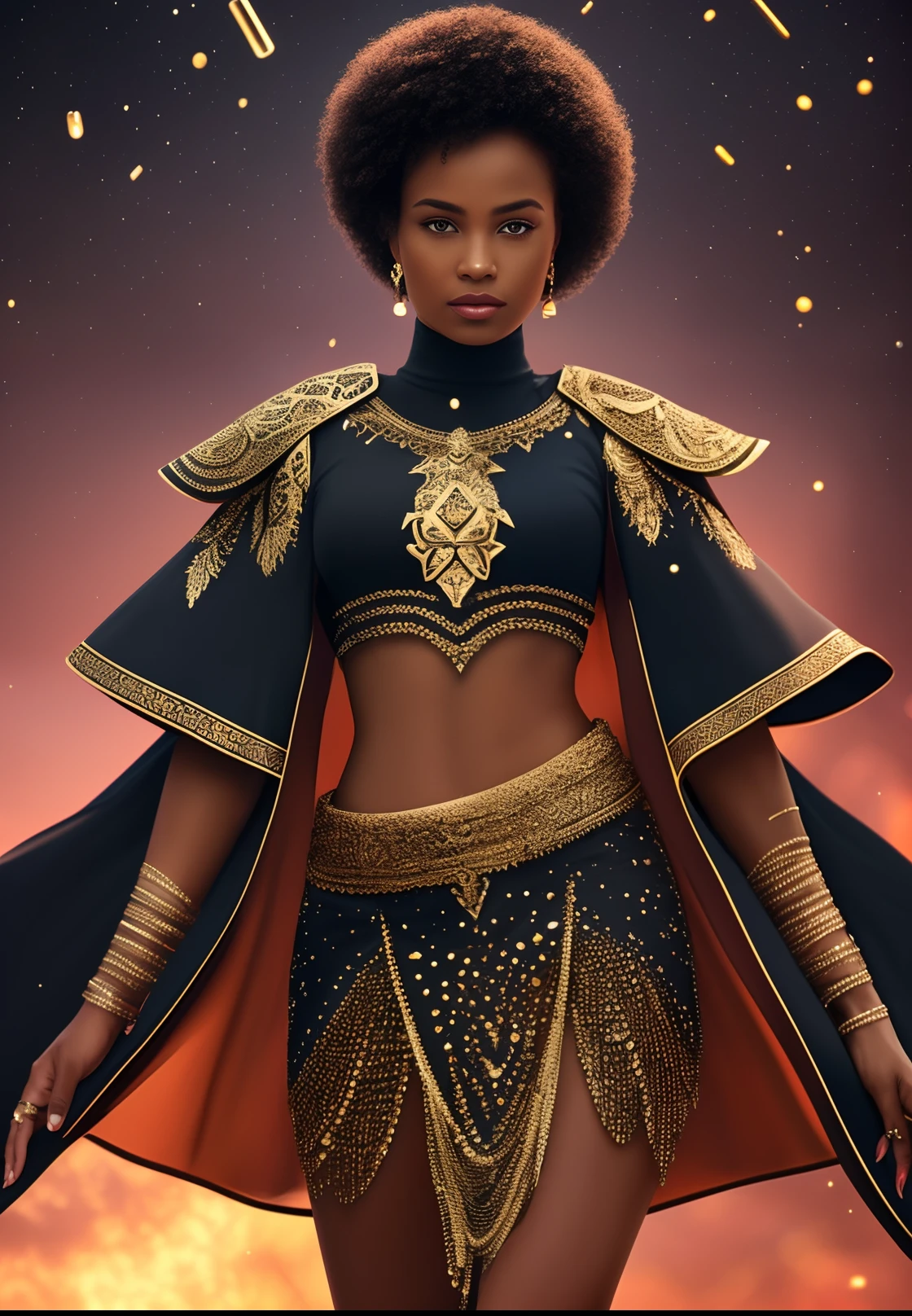 A black woman wearing african designed clothes standing in a dark area, with shining particles falling from up, tiny particles shining beautifully, with iridescent light, photorealistic image, 32k, ultra HD, cinematic lighting, artgerm style, highly detailed images, vibrant and beautiful colours, highly detailed facial features, highly detailed hands, highly detailed fingers, highly detailed legs, --auto --s2