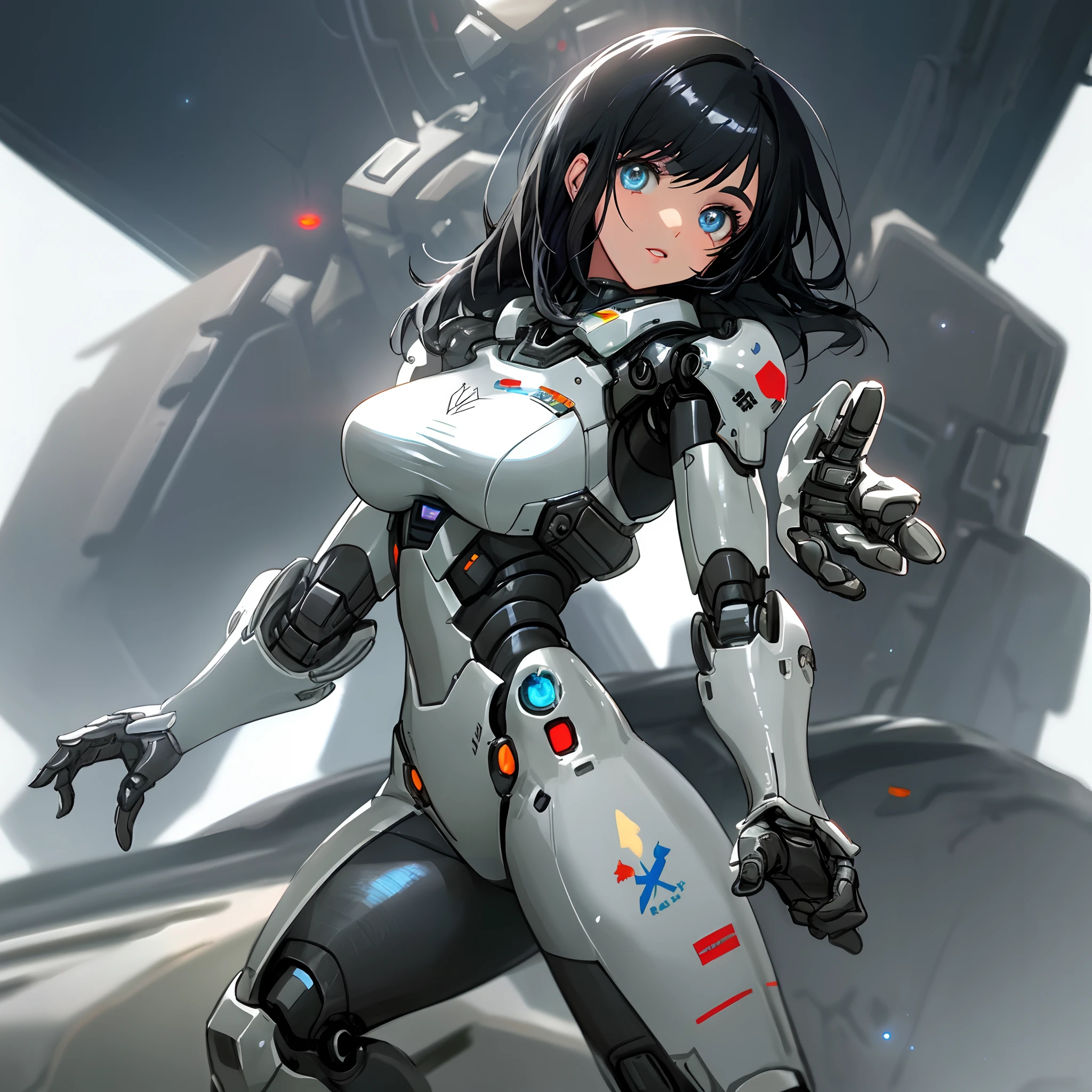 ((1girll)), ((Masterpiece)), Cute,Beautiful face, Blue eyes:1.2, ((Black hair)), (Shiny hair), cparted lips, Big breasts, Bigboobs, full bodyesbian, view the viewer, Masterpiece:1.5, ((Beautiful detailed eyes)), Cute eyes, Best quality, Perfect body, shining body, (Overexposure),Cinematic lighting, Dynamic lighting, ((Correct hand anatomy)), very high resolution, high resolution, (((Ultra-detailed))), (An extremely delicate and beautiful), (((Beautiful detailed eyes))), Depth of field, There is a woman in a white suit posing for a photo, Gothic web set, Chrome set, Dystopian sci-fi set, futuristic outfit, Full Body X-Force Set, Wear technical clothing and armor, Wearing a dark space mercenary suit, shiny white armor, Discarded mech suit on the background, cyberpunk pearl armor, cyberpunk suit, Female protagonist, Translucent white skin