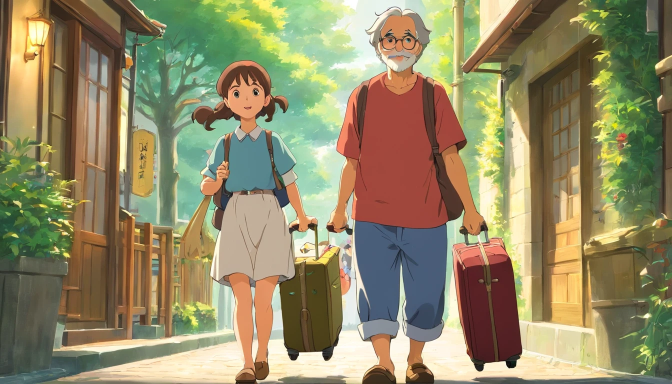 An uncle and daughter carry luggage,Just got off the bus,Return to your home town