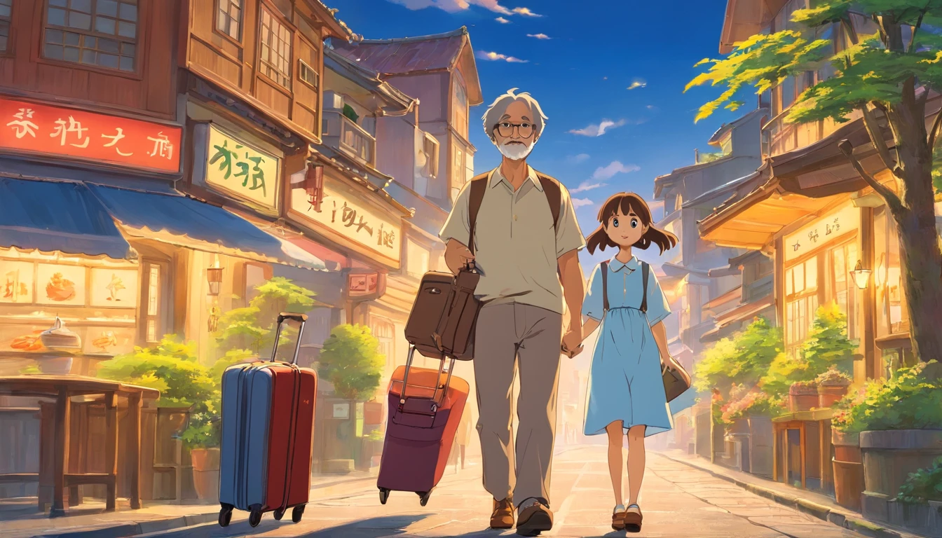 An uncle and daughter carry luggage，Just got off the bus，Return to your home town
