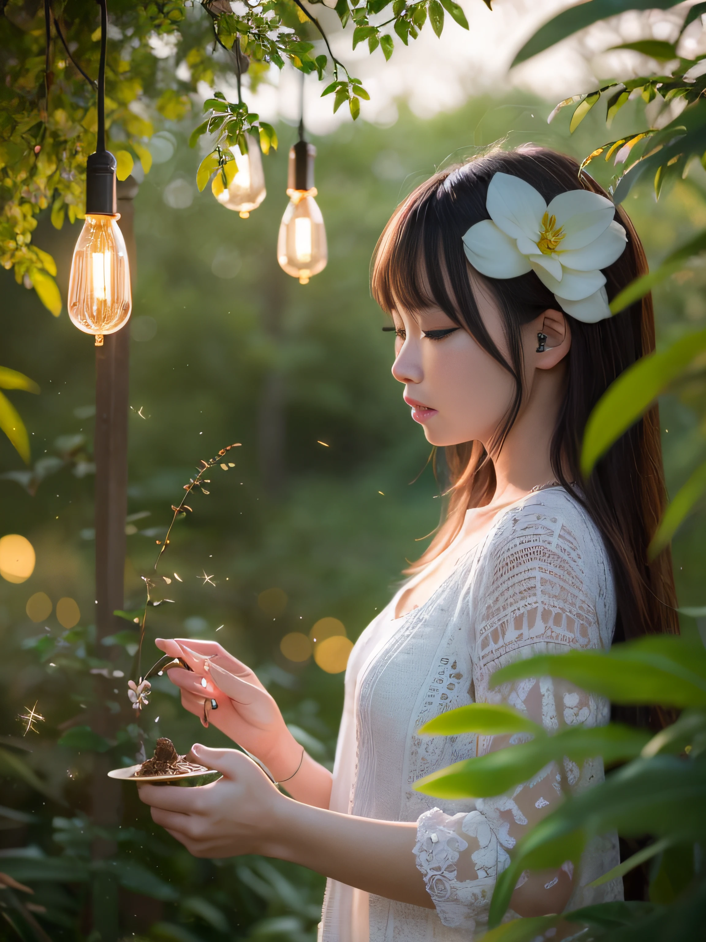 tmasterpiece，Best quality at best，Extremely beautiful reflection，The best reflections。（Very detailed CG unity 8K wallpaper），（Best quality at best），（The best illustrations），（The best shadow），Girl，silkouette，MuCoi，Delicate makeup，Quiet Jiangnan water town，Supai architecture，Beautiful roses，quiet streams，Glowing small mushrooms，surrounded by exquisite leaves and branches，There are also fireflies and glowing particle effects，，（nature elements），（Gangnam theme），（Foliage），（tree branch），（glowworm），butterflys，（exquisite leaves），（with light glowing），（Particle effect）。 , Isometric 3D, Octane rendering, Ray traching, ultra-detailliert