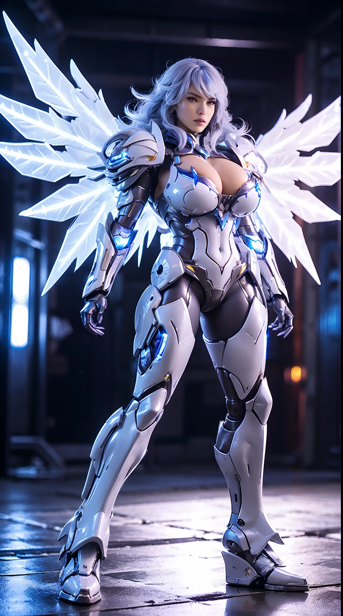 HUGE BOOBS, ICE PHOENIX, (LONG HAIR), MECHA ARMOR FULL SUIT, (CLEAVAGE), (A PAIR LARGEST WINGS), TRANSPARANT, TALL LEGS, STANDING, SEXY BODY, MUSCLE ABS.