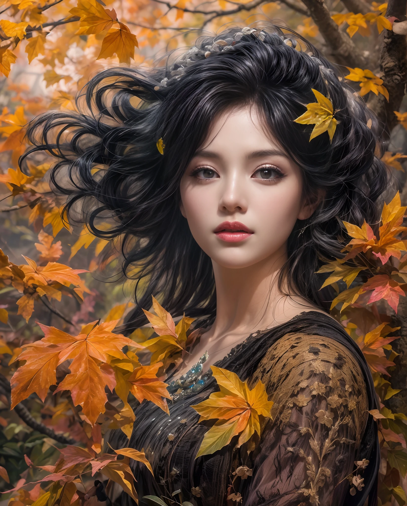 Best quality, masterpiece, meticulous details, intricate detail, realistic, 2 persons, a mystical autumn lady with black hair