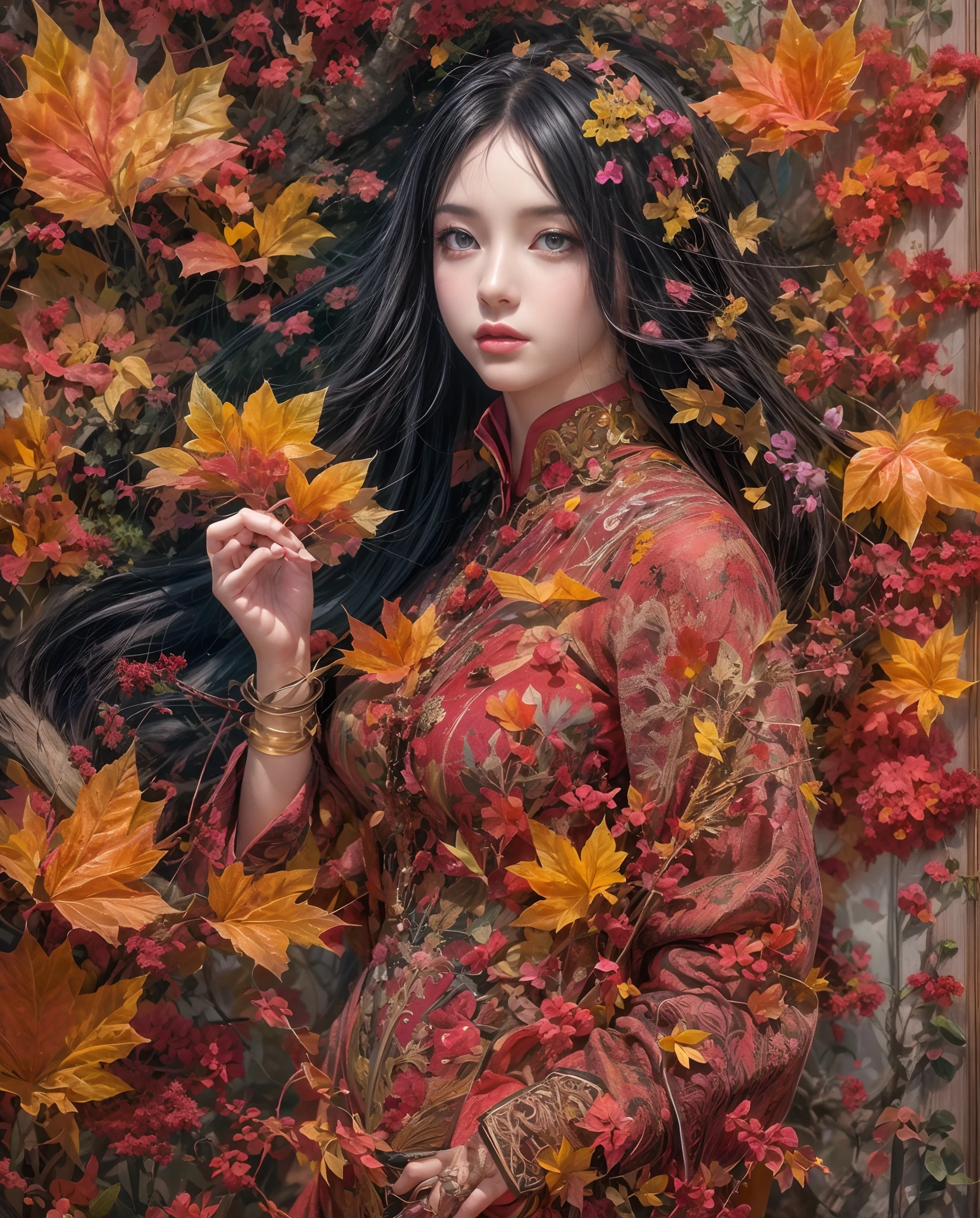 Best quality, masterpiece, meticulous details, intricate detail, realistic, 2 persons, a mystical autumn lady with black hair