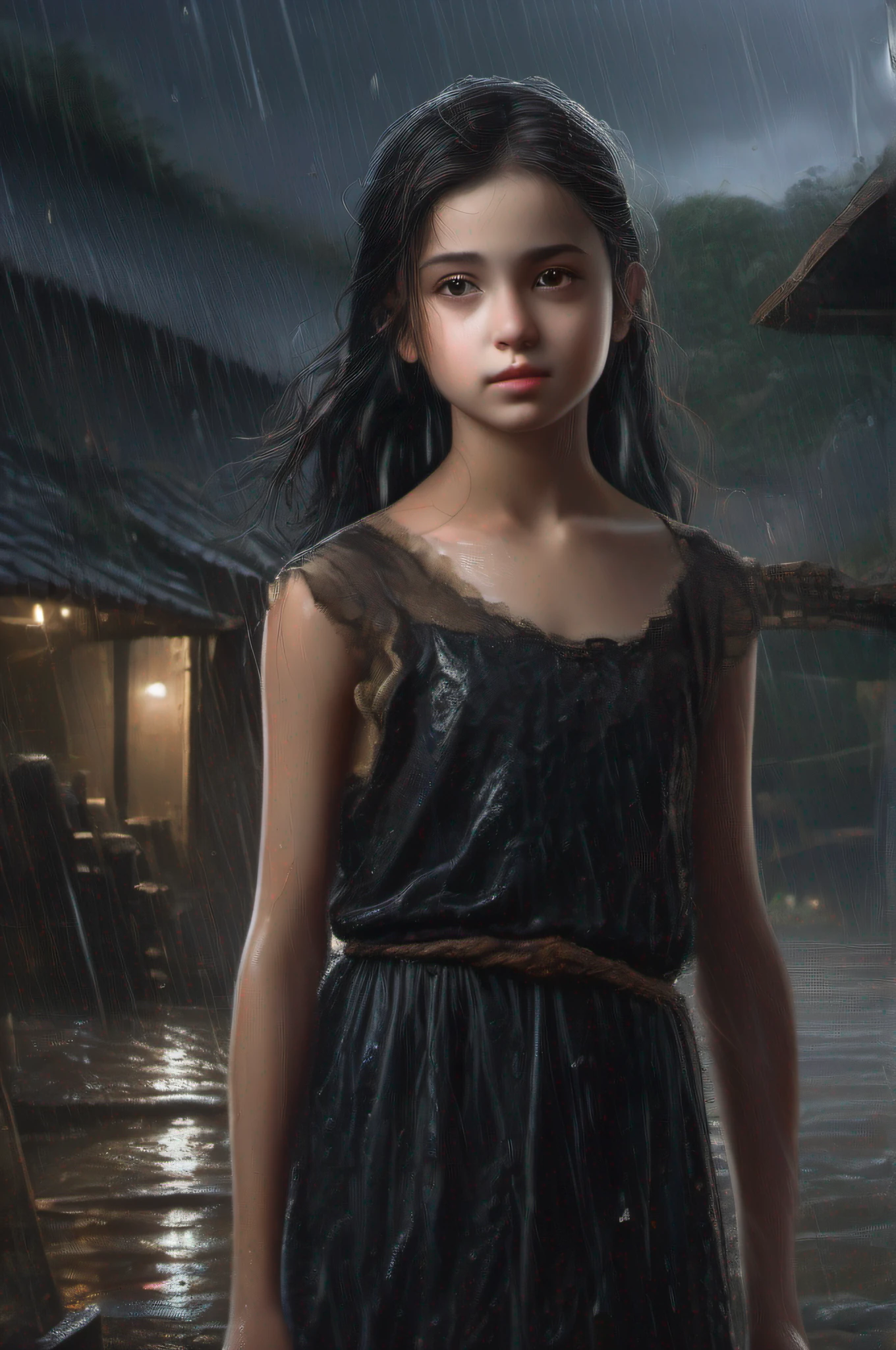 (masterpiece, top quality, best quality), Young girl 12 years old, Young girl, wearing a black dress in heavy rain, her clothes soaked, amidst a storm, with high attention to detail, creating a photorealistic scene, ((night)), Insert,, high detail, night,, (pale skin), black hair, ancient village background, stepping on mud