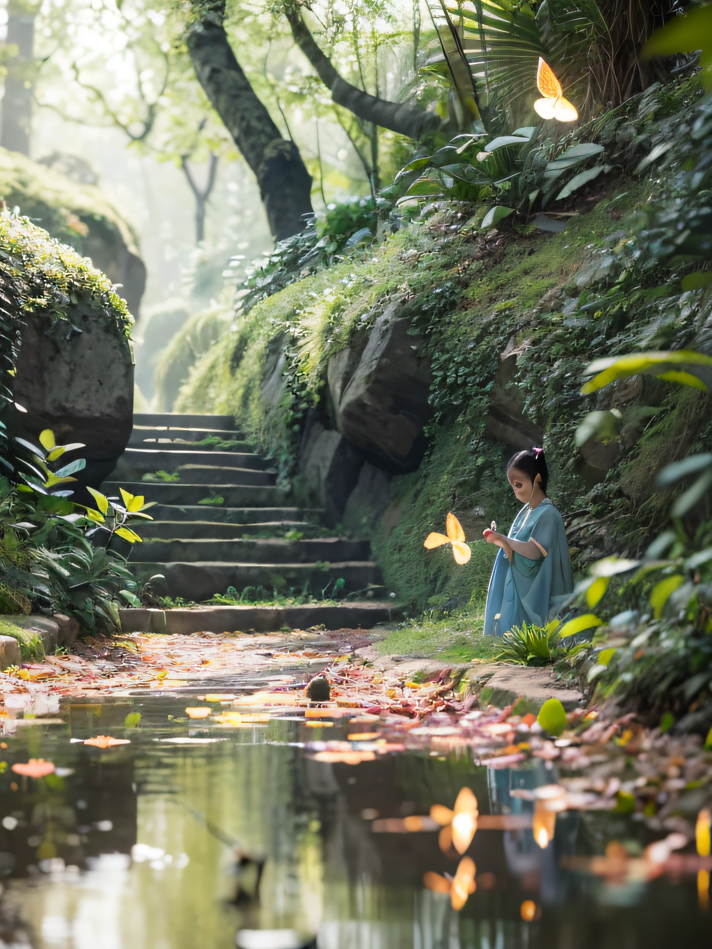 tmasterpiece,Best quality at best,Extremely beautiful reflection,The best reflections。(Very detailed CG unity 8K wallpaper),(Best quality at best),(The best illustrations),(The best shadow),Hanfu beautiful girl,hair-bun,Hairpin,cute animal,Quiet Jiangnan water town,Supai architecture,Beautiful roses,quiet streams,Glowing small mushrooms,surrounded by exquisite leaves and branches,There are also fireflies and glowing particle effects,,(nature elements),(Jungle theme),(Foliage),(tree branch),(glowworm),butterflys,(exquisite leaves),(with light glowing),(Particle effect)。 , Isometric 3D, Octane rendering, Ray traching, ultra-detailliert