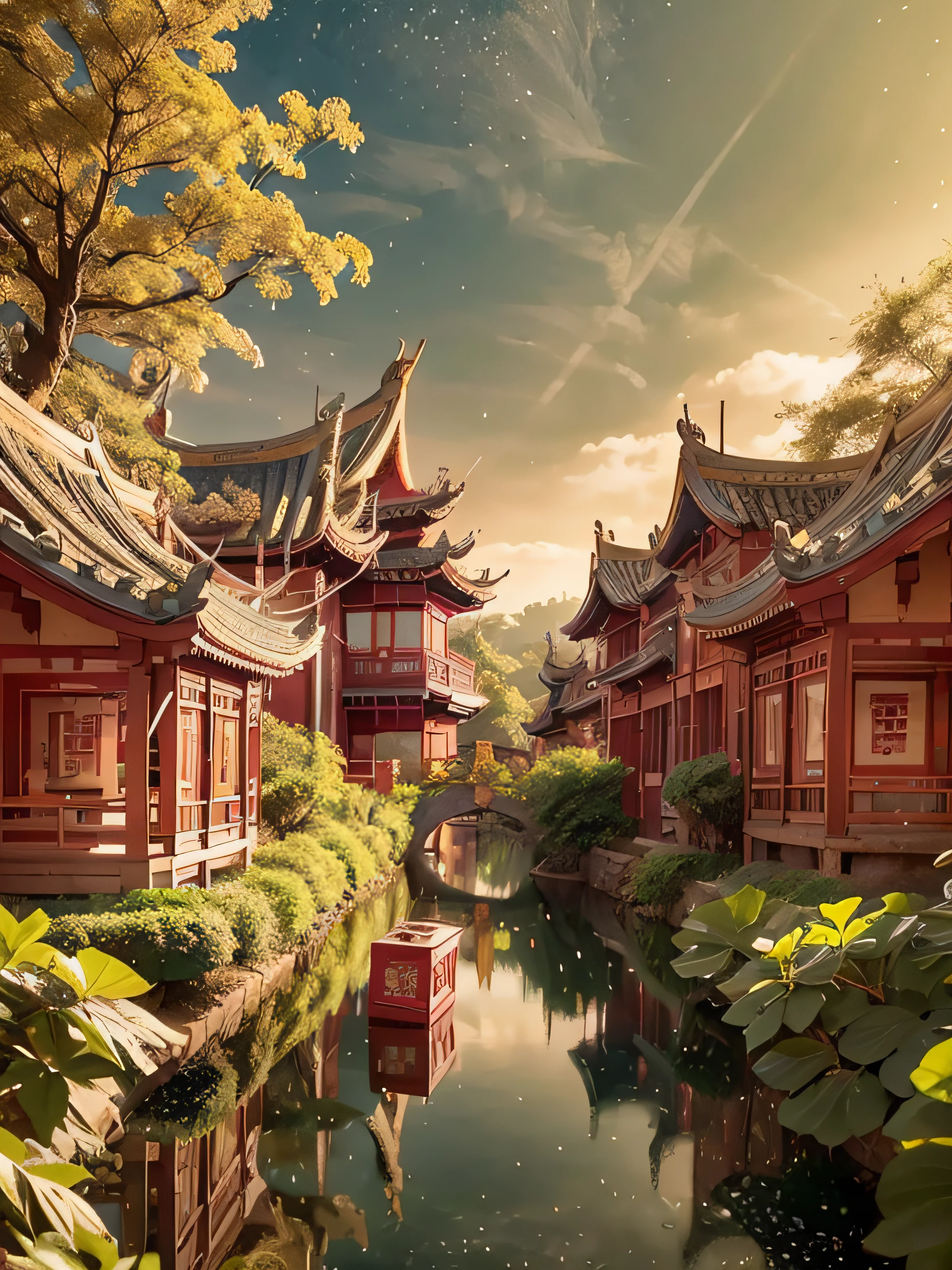 tmasterpiece，Best quality at best，Extremely beautiful reflection，The best reflections。（Very detailed CG unity 8K wallpaper），（Best quality at best），（The best illustrations），（The best shadow），Girl，silkouette，MuCoi，Delicate makeup，Quiet Jiangnan water town，Supai architecture，Beautiful roses，quiet streams，Glowing small mushrooms，surrounded by exquisite leaves and branches，There are also fireflies and glowing particle effects，，（nature elements），（Gangnam theme），（Foliage），（tree branch），（glowworm），butterflys，（exquisite leaves），（with light glowing），（Particle effect）。 , Isometric 3D, Octane rendering, Ray traching, ultra-detailliert