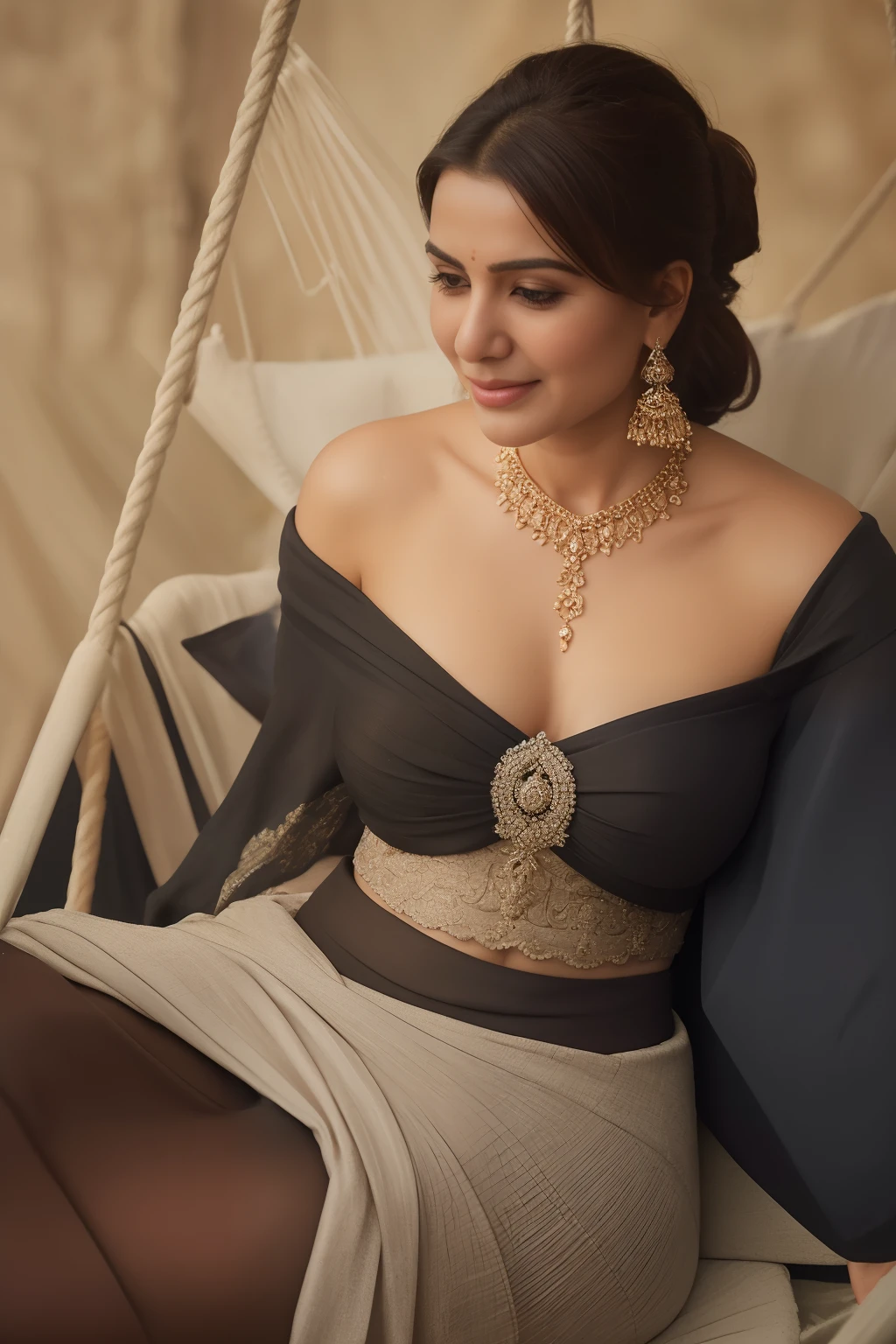 night scene, low angle shot of close up photo of indian, big cheeks, sexy navel, hanging in swing chair on Mount Everest, off shoulder strapless cowl neck dress, deep cut neckline, perfect figure, swooping breasts, deep cleavage, ponytail hair, necklace, look at viewer and smile, (cinematic:1.3), intricate details, (ArtStation:1.2)