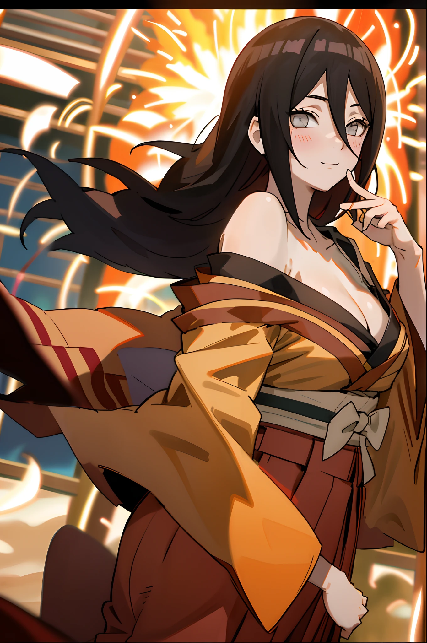 tmasterpiece, Hinata fireworks, 1girll, 独奏,Off-the-shoulder attire,upperbody closeup, orange kimono, Red hakama skirt, obi strip, Wide sleeves, looking at viewert,cleavage,Large breasts,Front view,ssmile,sportrait,Close-up shot